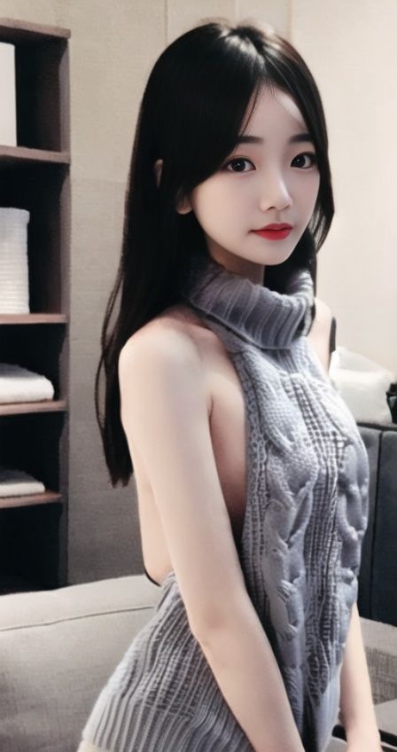 1girl, gray backlesssweater,standing, face, upper body,indoors,   <lora:backless_sweater:0.8> <lora:taiwanDollLikeness_v15:0.7>