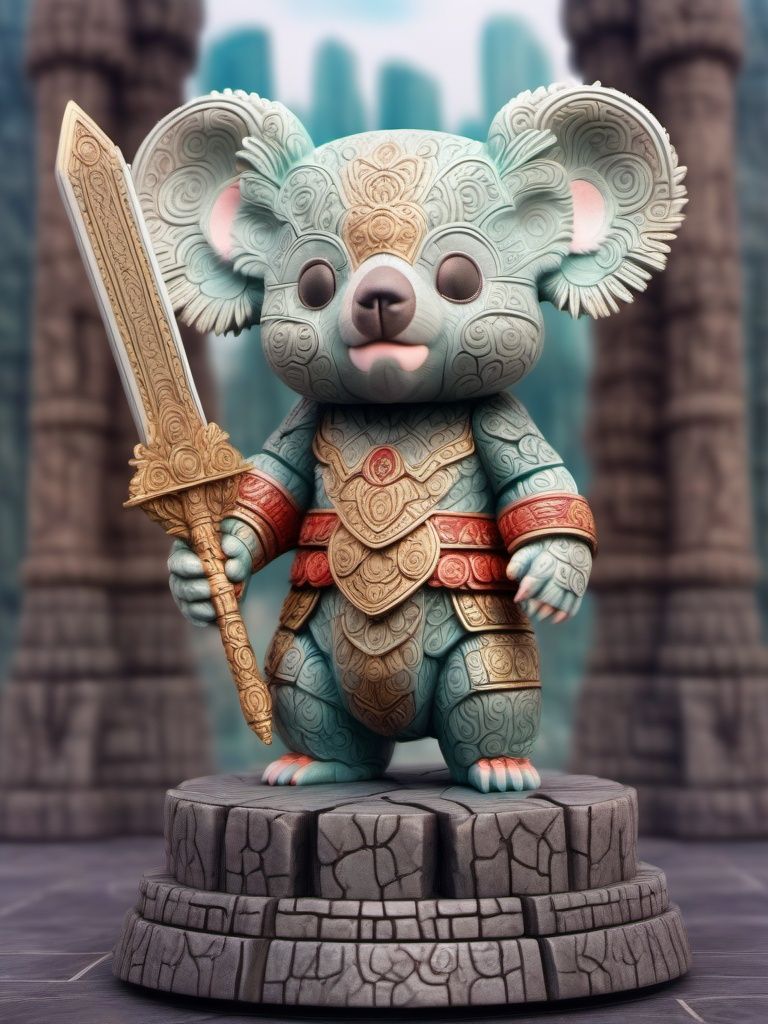 BJ_sanxingdui, solo, koala, 1boy, holding, standing, full_body, weapon, male_focus, sword, holding_weapon, no_humans, holding_sword, furry, furry_male, statue,photo,8k,intricate,highly detailed,majestic,digital photography,broken glass,hdr,realistic,high definition,<lora:Sanxingdui_SDXL:0.7>,