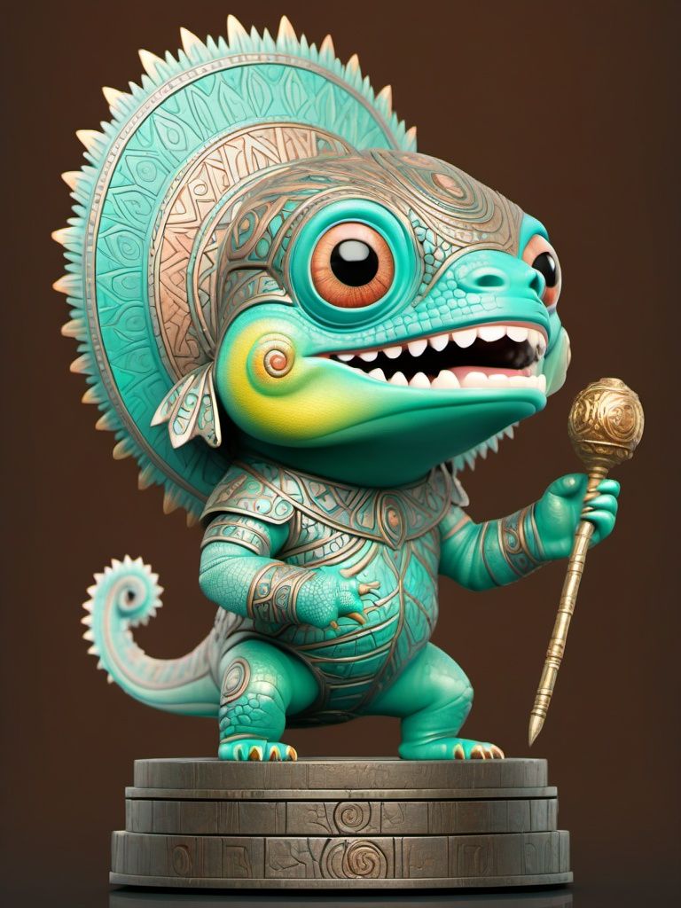 BJ_sanxingdui, solo, chameleon, open_mouth, simple_background, holding, standing, full_body, teeth, no_humans, colored_skin, black_background, brown_background,photo,8k,intricate,highly detailed,majestic,digital photography,broken glass,hdr,realistic,high definition,<lora:Sanxingdui_SDXL:0.7>,