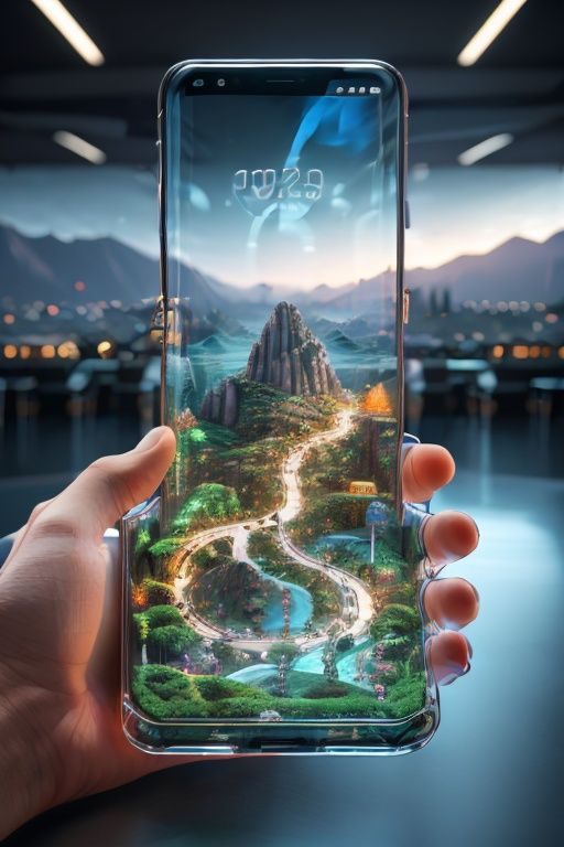 Master's work,of the best quality,a phone from the future,with a transparent shell and cyberpunk circuitry inside. The 3D projection on the screen creates a three-dimensional and beautiful landscape,<lora:mhsj_20230914230500:0.8>,