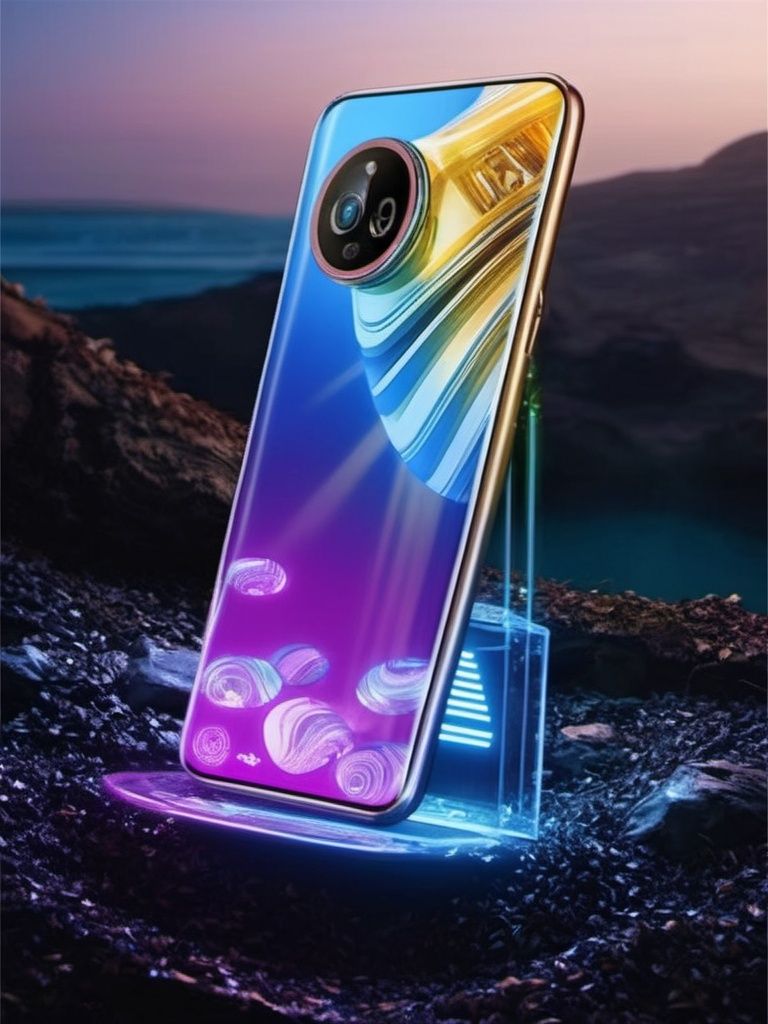 (\shou ji\),no human,Master's work,of the best quality,a phone from the future,with a transparent shell and cyberpunk circuitry inside. The 3D projection on the screen creates a three-dimensional and beautiful landscape,