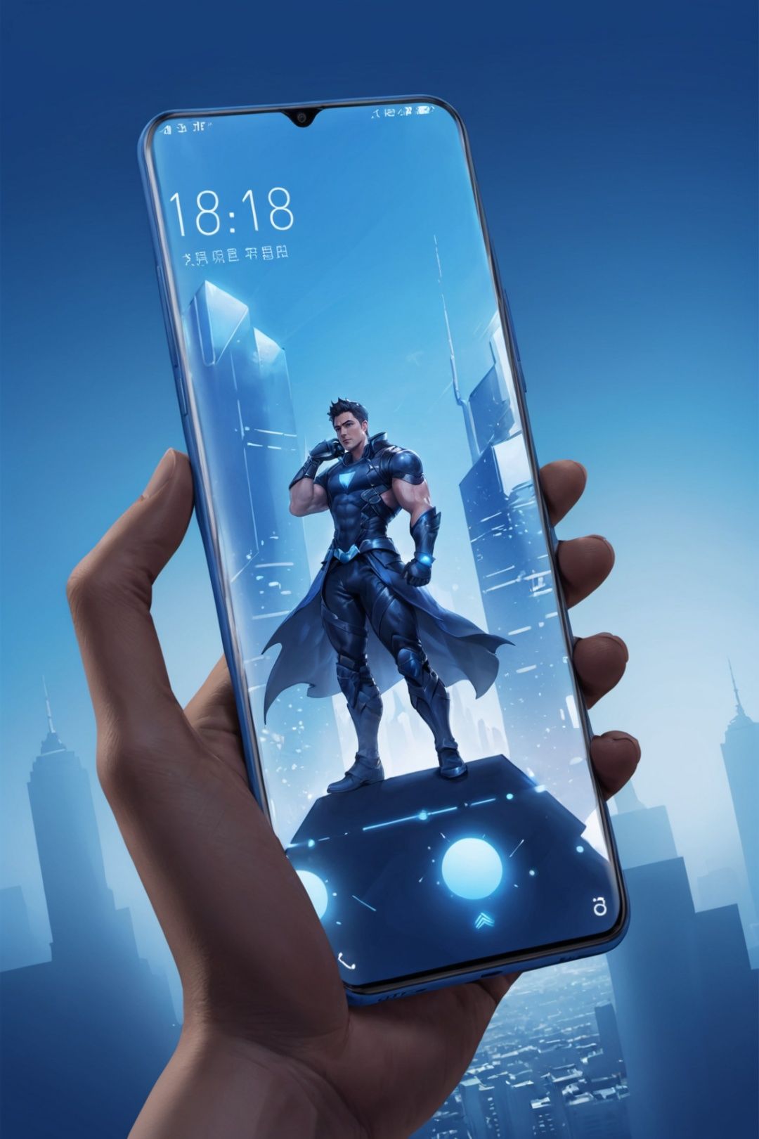 masterpiece, Mobile phone, There was a muscular man on the phone screen, phone, Blue gradient background, On-screen time, Positive perspective, Show your phone screen,Fantastic Man,Future City