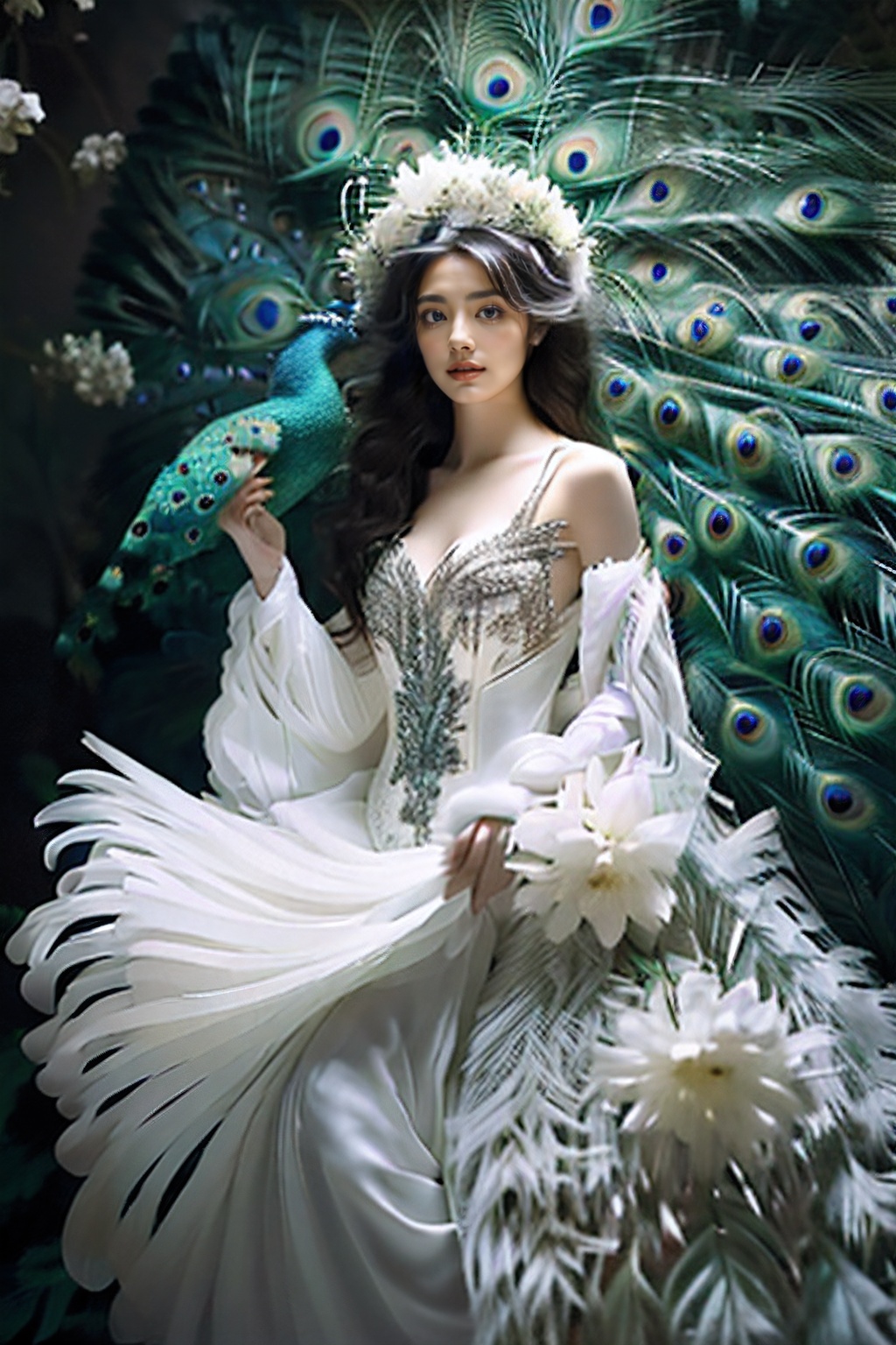 1 girl,  huge male peacock,  crown on Tensor.Art