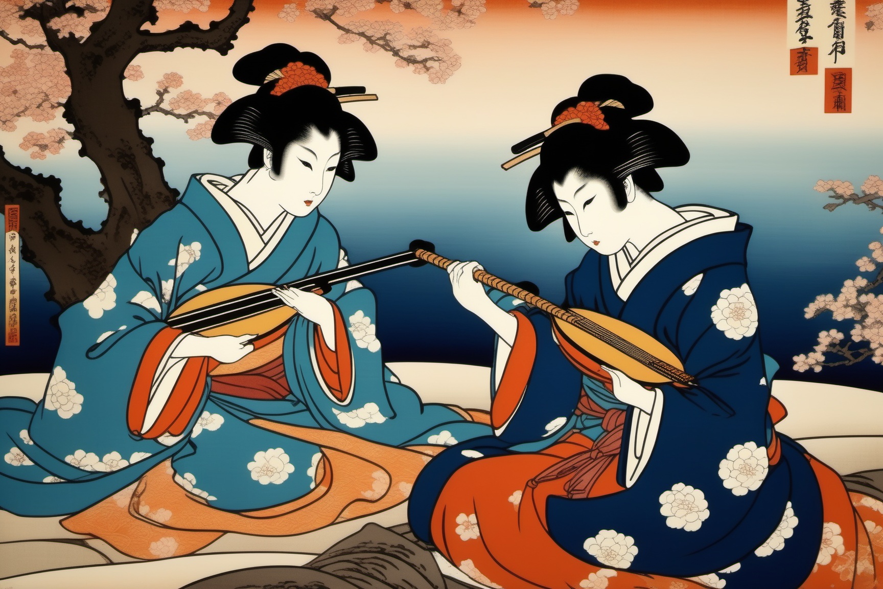 japanese courtesans playing a shamisen,  sitting on fine cushions,  woodblock print style of hokusai fine art style of kan...