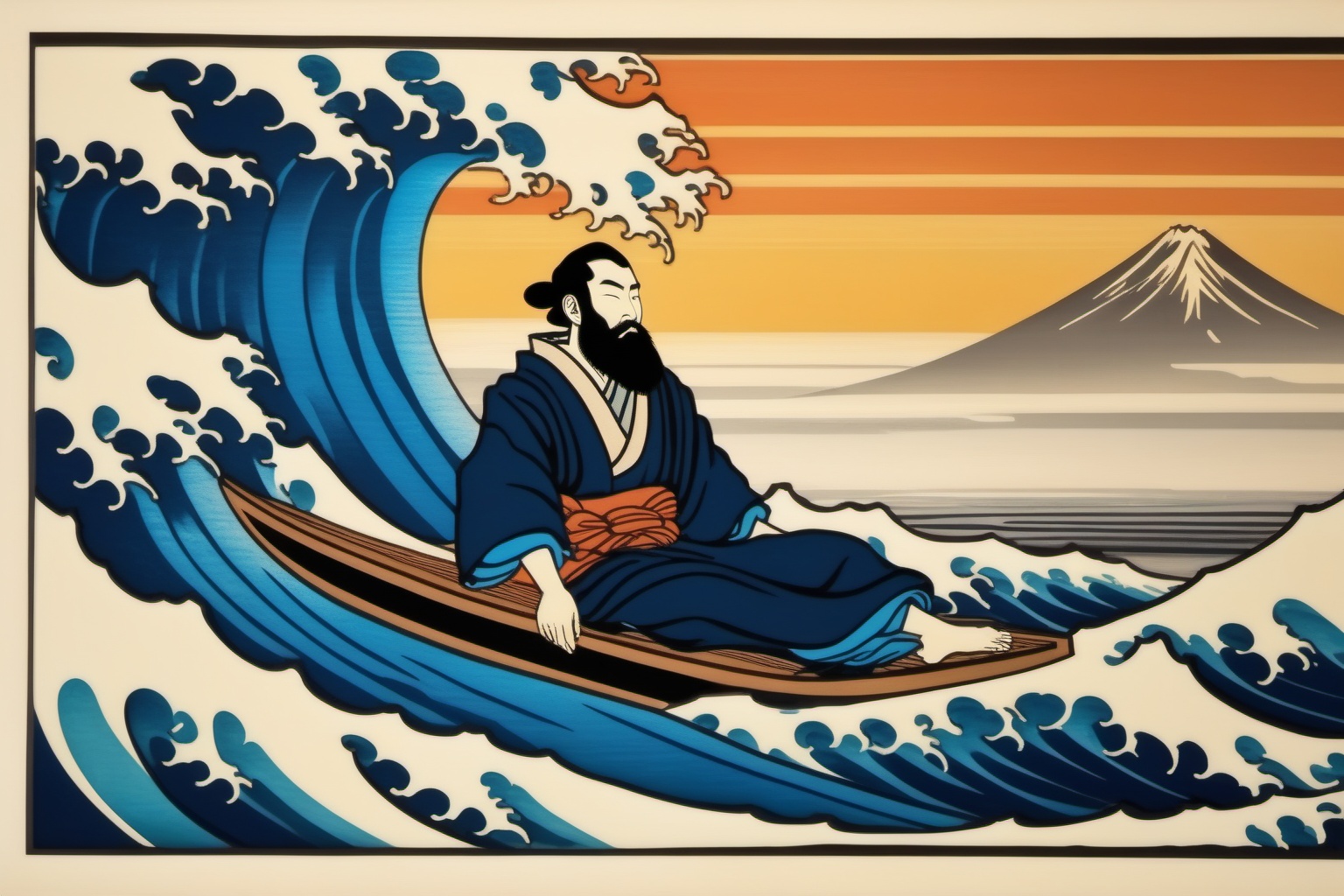 bearded man surfing woodblock print style of hokusai fine art style of kanagawa painting /relax on Tensor.Art
