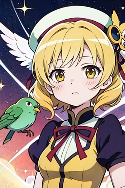 a woman in a yellow dress and a hat with a bird on her head,  symphogear,  anime girl named lucy on Tensor.Art