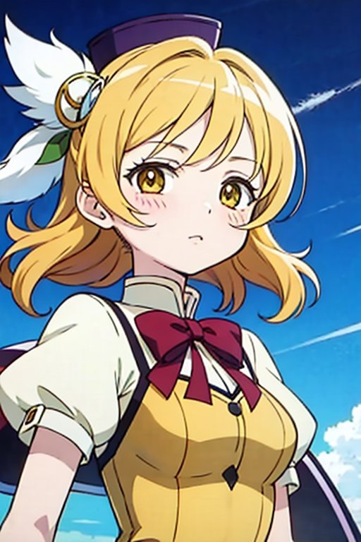 a woman in a yellow dress and a hat with a bird on her head,  symphogear,  anime girl named lucy on Tensor.Art