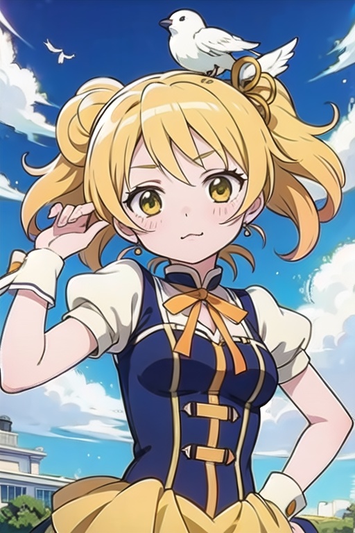 a woman in a yellow dress and a hat with a bird on her head,  symphogear,  anime girl named lucy on Tensor.Art