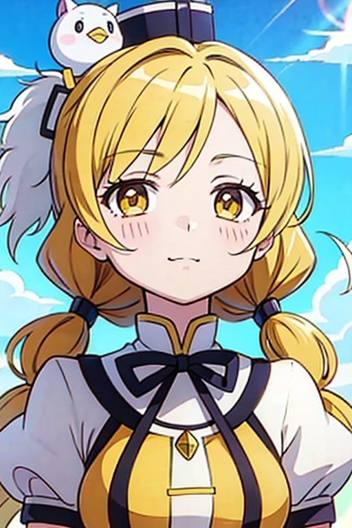 a woman in a yellow dress and a hat with a bird on her head,  symphogear,  anime girl named lucy on Tensor.Art