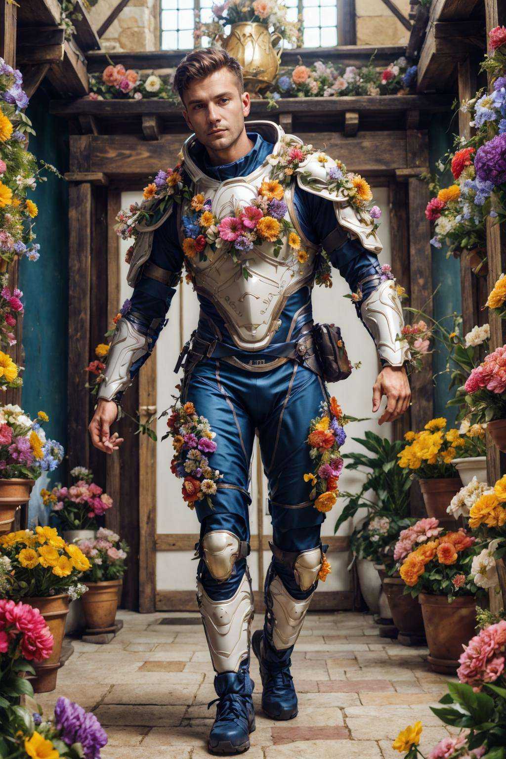 flower4rmor,  photo of a Polish man wearing flower exosuit,  fantasy medieval city background on Tensor.Art