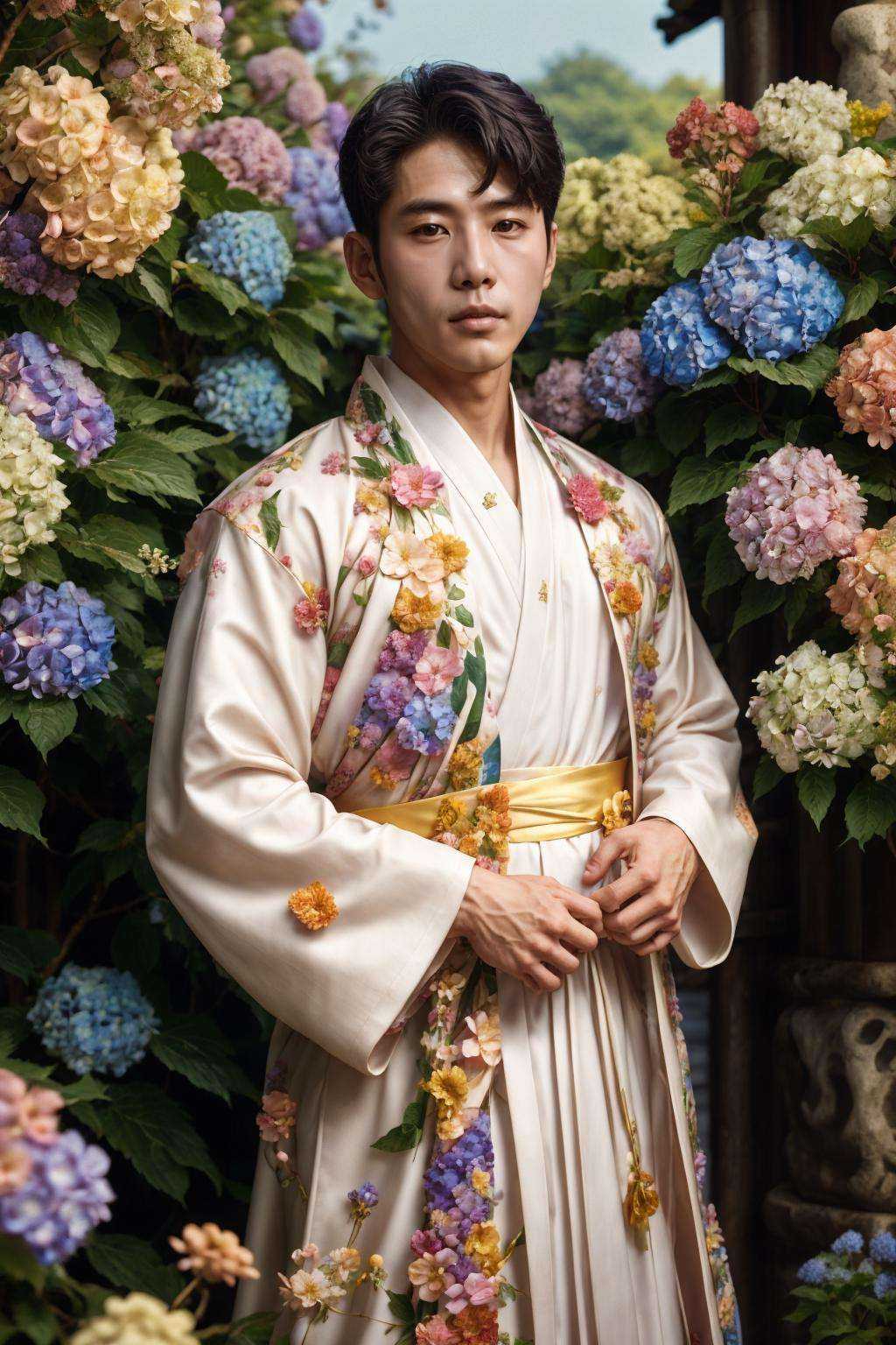 flower4rmor,  photo of a (korean man) wearing hydrangea flower hanbok,  ancient korea fantasy background on Tensor.Art