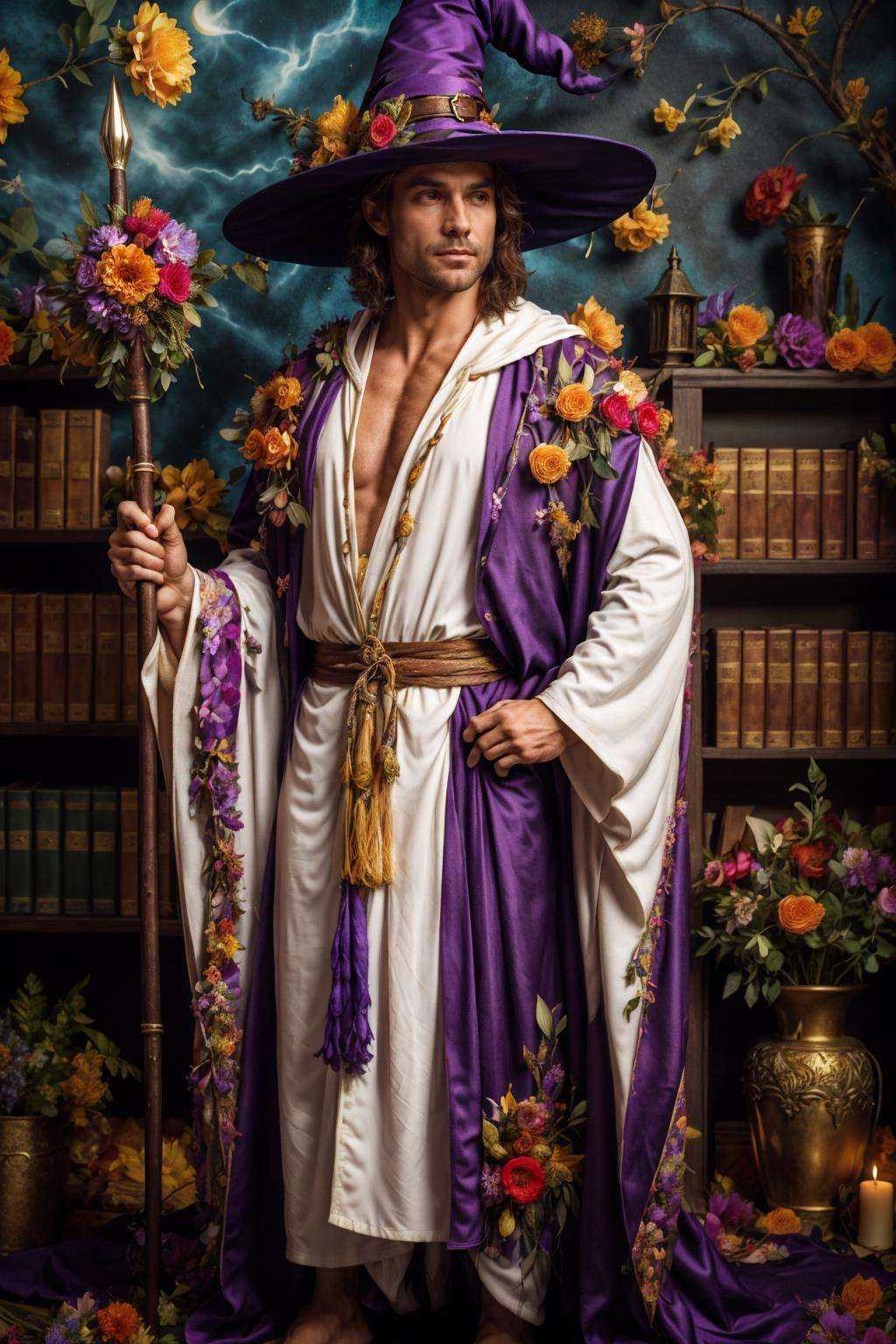 flower4rmor,  photo of a Australian man wearing flower wizard robe,  fantasy medieval library background on Tensor.Art