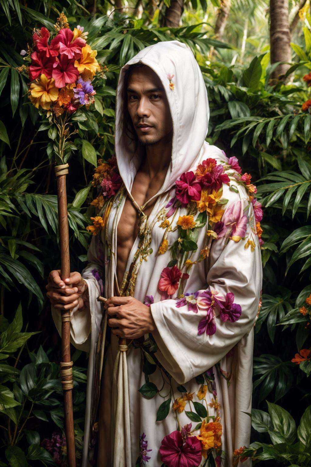 flower4rmor,  photo of a (malay man) wearing hibiscus flower druid robes,  holding staff on Tensor.Art