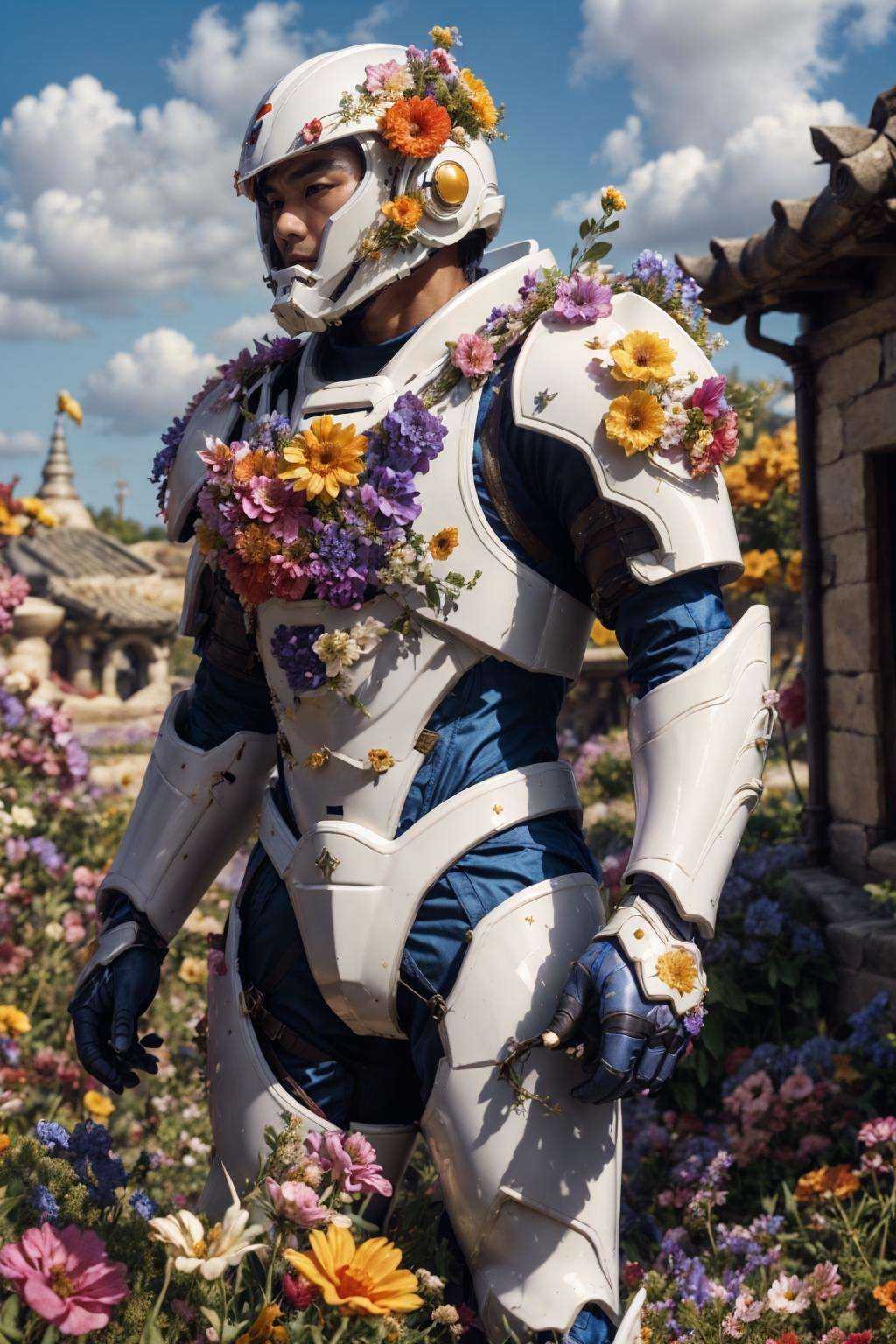 flower4rmor,  photo of a Chinese man wearing flower power armor,  fantasy medieval city background on Tensor.Art