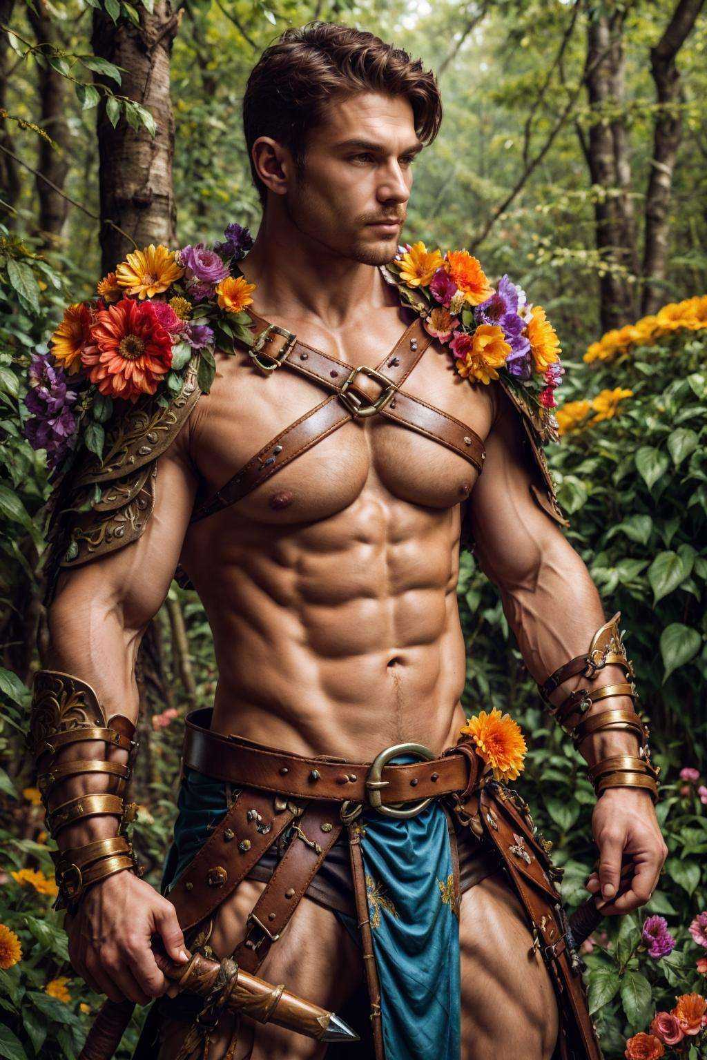 flower4rmor,  photo of a swedish man wearing flower barbarian armor,  fantasy medieval forest background on Tensor.Art