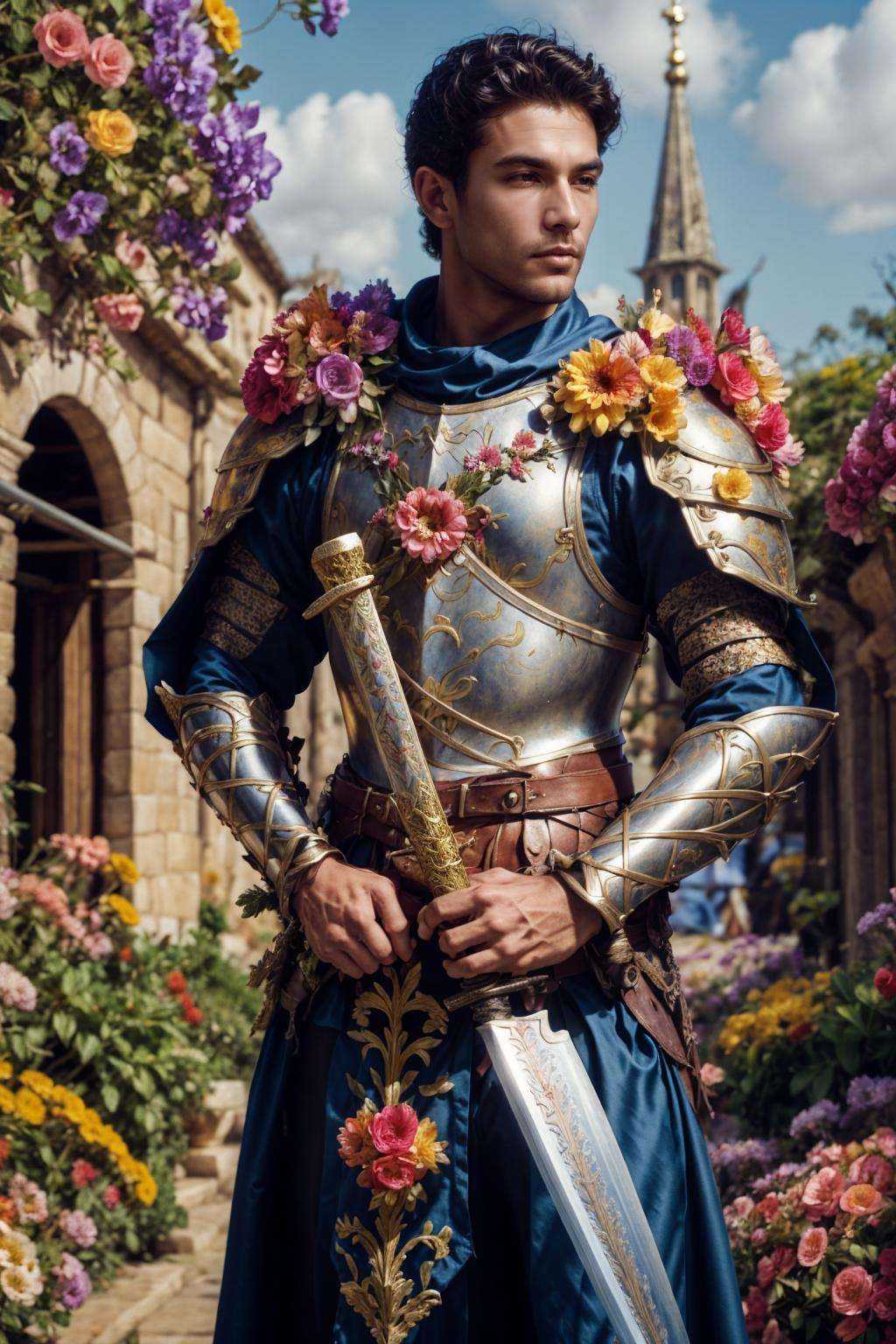 flower4rmor,  photo of a brazilian man wearing flower knight armor,  fantasy medieval city background on Tensor.Art