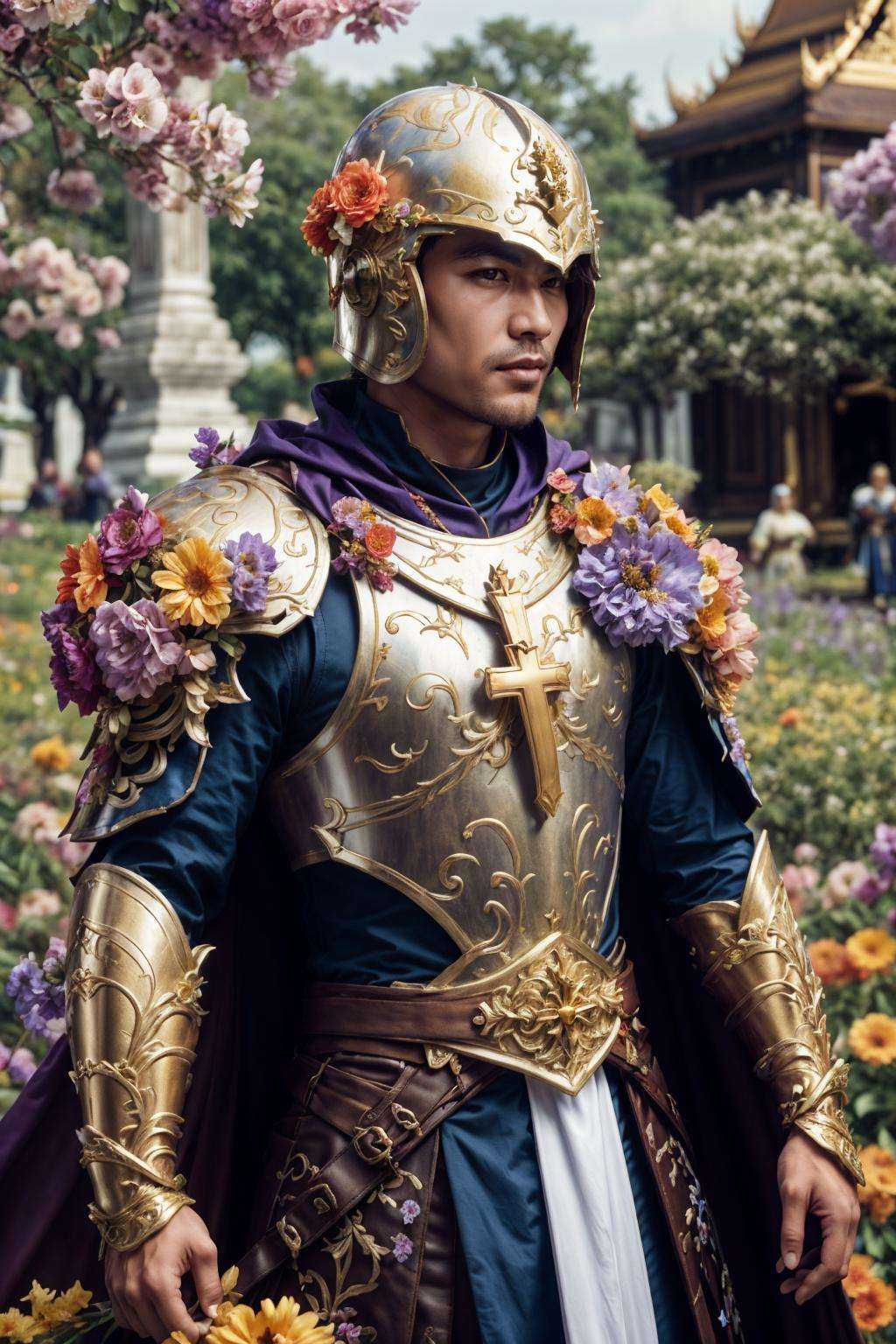 flower4rmor,  photo of a thai man wearing flower paladin armor,  fantasy medieval city background on Tensor.Art