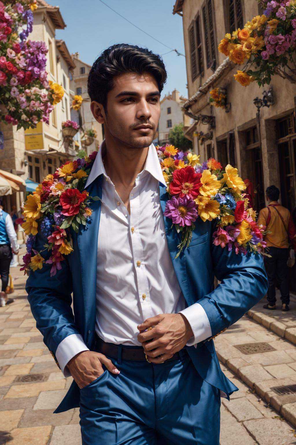 flower4rmor,  photo of a Qatari man wearing flower collared shirt,  fantasy medieval city background on Tensor.Art