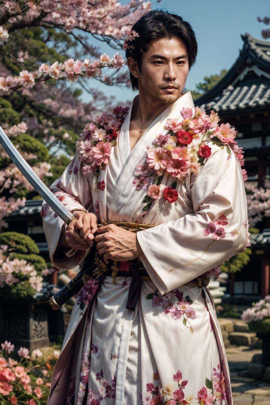 flower4rmor,  photo of a (japanese man) wearing cherry blossom flower samurai robes,  holding katana sword on Tensor.Art