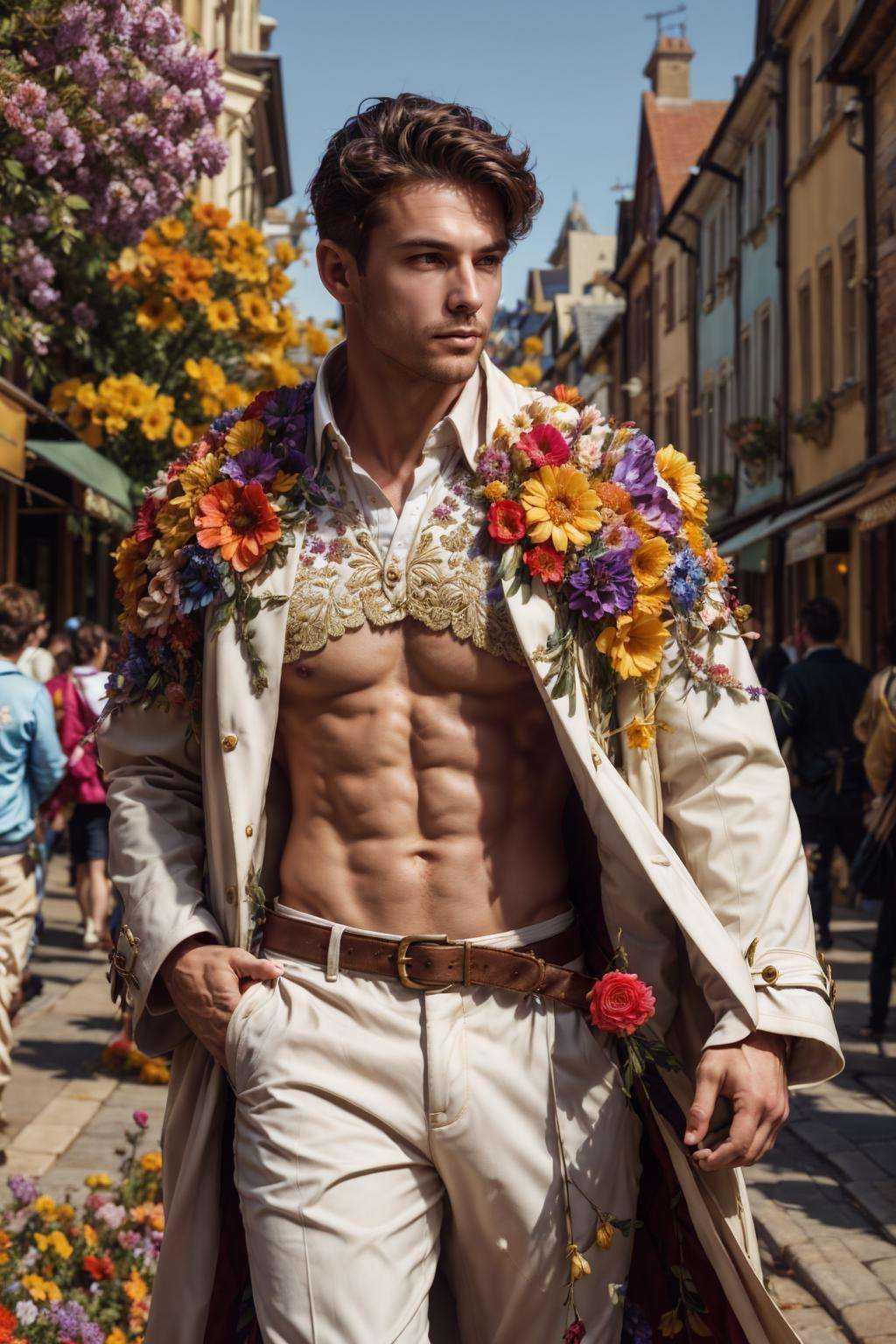 flower4rmor,  photo of a Australian man wearing flower coat,  fantasy medieval city background on Tensor.Art