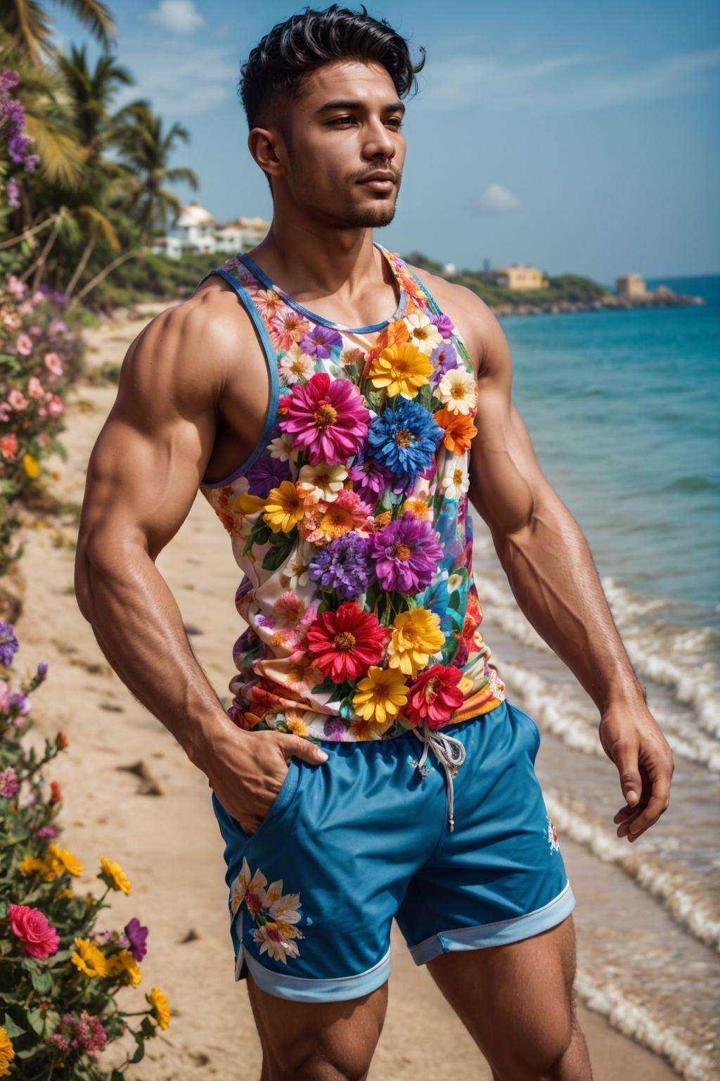 flower4rmor,  photo of a Ghanaian man wearing flower **** top,  fantasy medieval beach background on Tensor.Art