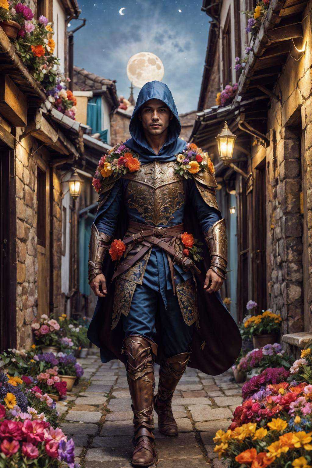 flower4rmor,  photo of a Peruvian man wearing flower rogue armor,  fantasy medieval city background on Tensor.Art