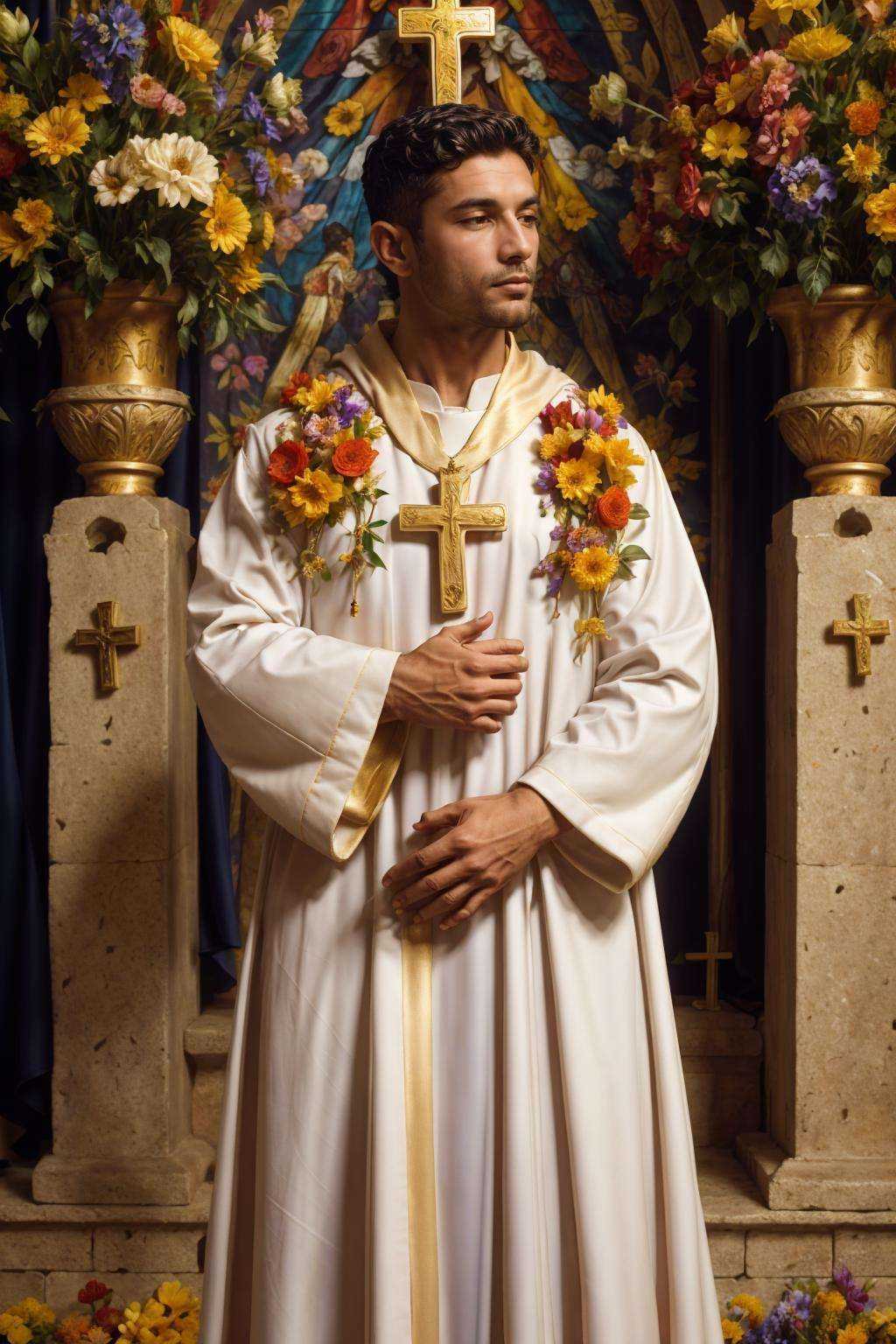 flower4rmor,  photo of a Egyptian man wearing flower priest robe,  fantasy medieval church background on Tensor.Art