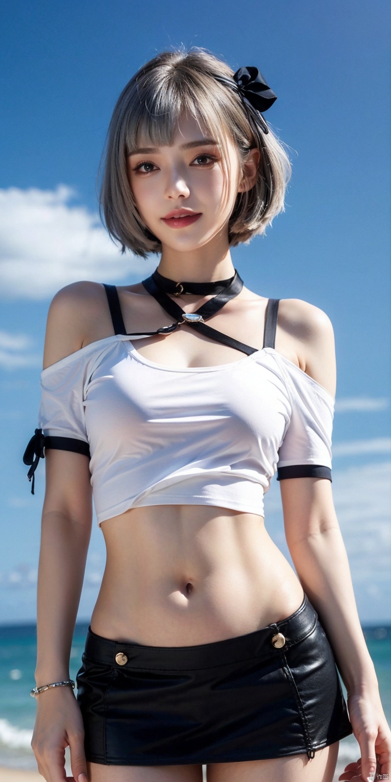  cowboy_shot,(Good structure), DSLR Quality,Short skirt,Blue sky, white clouds, ocean, nai3, 1girl, solo, crop top, , choker, navel, shirt, midriff, crop top overhang, looking at viewer, white shirt, jewelry, breasts, bare shoulders, off-shoulder shirt, off shoulder, black choker, thighs, stomach, long hair, bracelet, short sleeves, ribbon, hand up, collarbone, hair ribbon, medium breasts, , bra strap, , hair ornament, thigh gap, necklace, expressionless, , ,kind smile, , , baiyuekui,silver hair,short_hair
