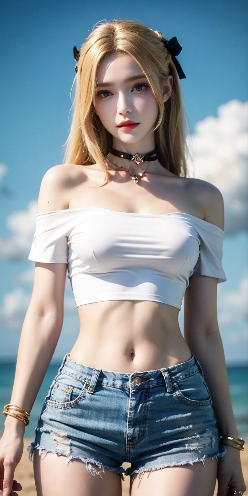  cowboy shot, Blue sky, white clouds, ocean,nai3, 1girl, shorts, solo, crop top, black shorts, choker, navel, shirt, midriff, crop top overhang, looking at viewer, white shirt, jewelry, breasts, bare shoulders, short shorts, off-shoulder shirt, off shoulder, black choker, thighs, stomach, hand on own thigh, long hair, bracelet, short sleeves, ribbon, hand up, collarbone, hair ribbon, medium breasts, standing, high-waist shorts, dolphin shorts, bra strap, , hair ornament, thigh gap, necklace, expressionless, , ,kind smile, blonde hair, qianrenxue