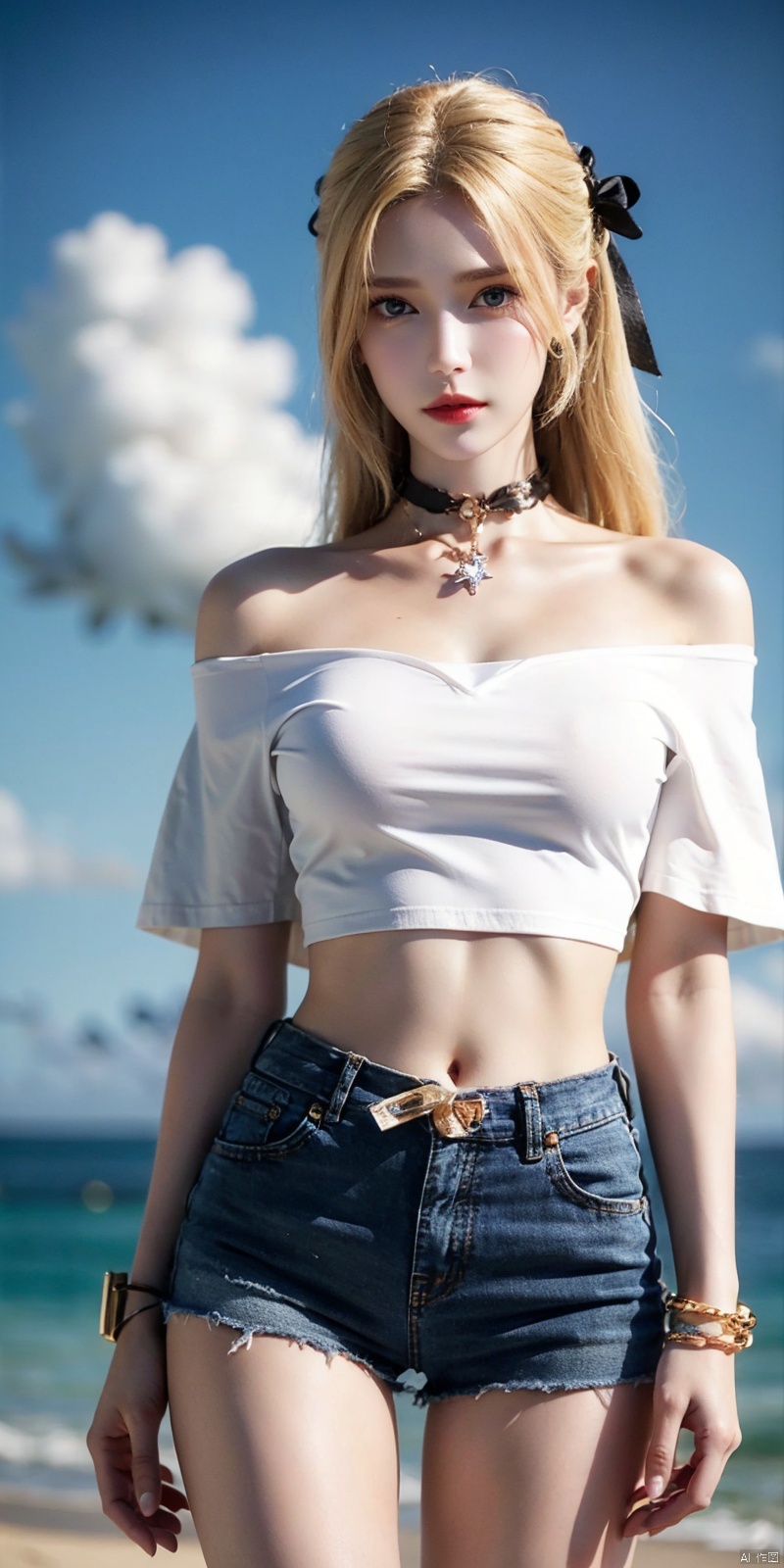  cowboy shot, Blue sky, white clouds, ocean,nai3, 1girl, shorts, solo, crop top, black shorts, choker, navel, shirt, midriff, crop top overhang, looking at viewer, white shirt, jewelry, breasts, bare shoulders, short shorts, off-shoulder shirt, off shoulder, black choker, thighs, stomach, hand on own thigh, long hair, bracelet, short sleeves, ribbon, hand up, collarbone, hair ribbon, medium breasts, standing, high-waist shorts, dolphin shorts, bra strap, , hair ornament, thigh gap, necklace, expressionless, , ,kind smile, blonde hair, qianrenxue