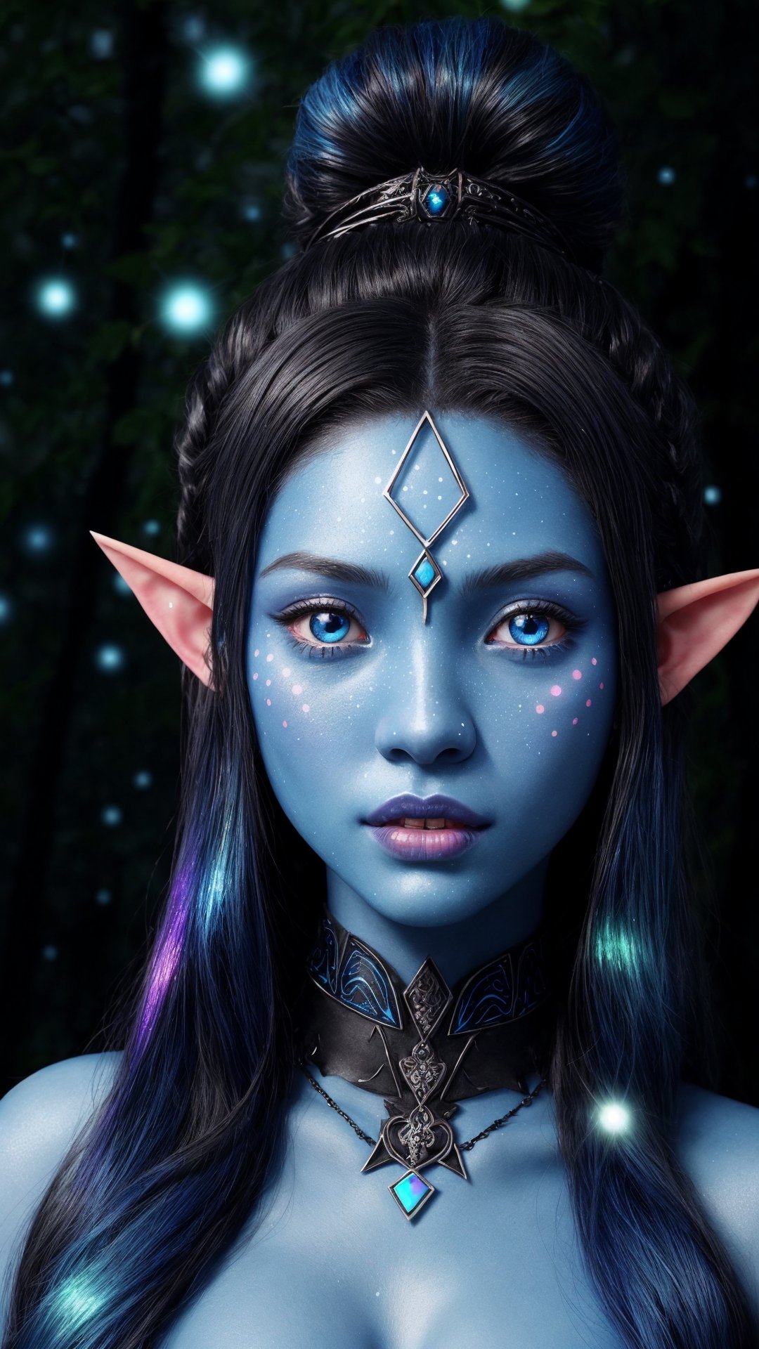 blue humanoid avatar with bioluminescent avatar markings dots and patterns on their skin. Pointed elf ears. avatar like ha...