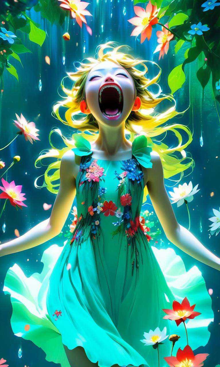 anime artwork niji style,1girl,abyss girl,open mouth,A dreamlike portrait of a girl in a floating garden,surrounded by levitating,luminescent flowers. Her flowing dress blends seamlessly with the floral atmosphere as she gazes upward in wonder,<lora:abyss_girl:0.5>, . anime style, key visual, vibrant, studio anime,  highly detailed
