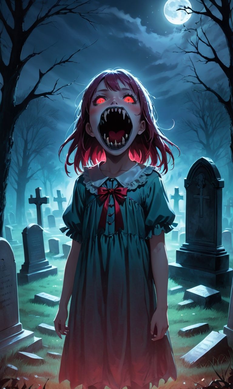 anime artwork 1girl,abyss girl,open mouth,((masterpiece)), ((best quality)), 8k, high detailed, ultra-detailed, illustration, portrait, horror, gothic, (1girl), (sinister:1.2), a young girl with a grotesquely elongated mouth, standing in a dimly lit cemetery, moonlight casting eerie shadows, (ethereal and haunting), glowing red eyes, wisps of spectral mist, (spectral hands:1.1), reaching out from the tombstones, creating a sense of dread, (floating:1.3), surreal and nightmarish, (dark and foreboding), (motion blur), (glitch effect), (vibrance:1.2), (chromatic aberration), (saturated reds), (film grain), (sinister whispers:1.5), (sinister laughter:1.4), A chilling and unsettling atmosphere, capturing the girl's unsettling transformation into a creature of the night,<lora:abyss_girl:0.7>, . anime style, key visual, vibrant, studio anime,  highly detailed