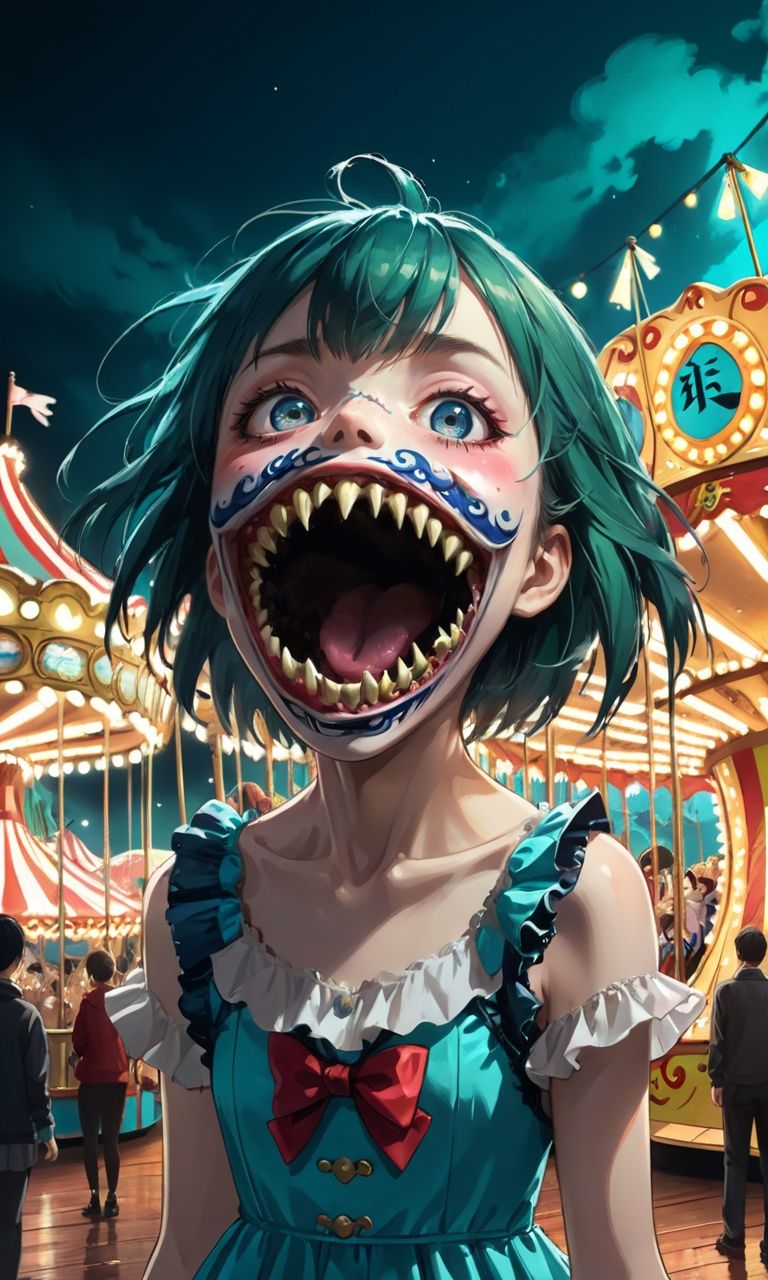 anime artwork 1girl,abyss girl,open mouth,((masterpiece)), ((best quality)), 8k, high detailed, ultra-detailed, illustration, portrait, horror, surrealism, (1girl), (distorted:1.2), a young girl with a grotesque, elongated mouth, trapped in a nightmarish carnival, (surreal:1.3), (carnival of horrors), (twisted rides), (haunted carousel), (sinister laughter), (eerie lights), (distorted reality), (haunting atmosphere), (chaotic colors), (motion blur), A surreal and nightmarish carnival of horrors, where fun turns into fright,<lora:abyss_girl:0.7>, . anime style, key visual, vibrant, studio anime,  highly detailed