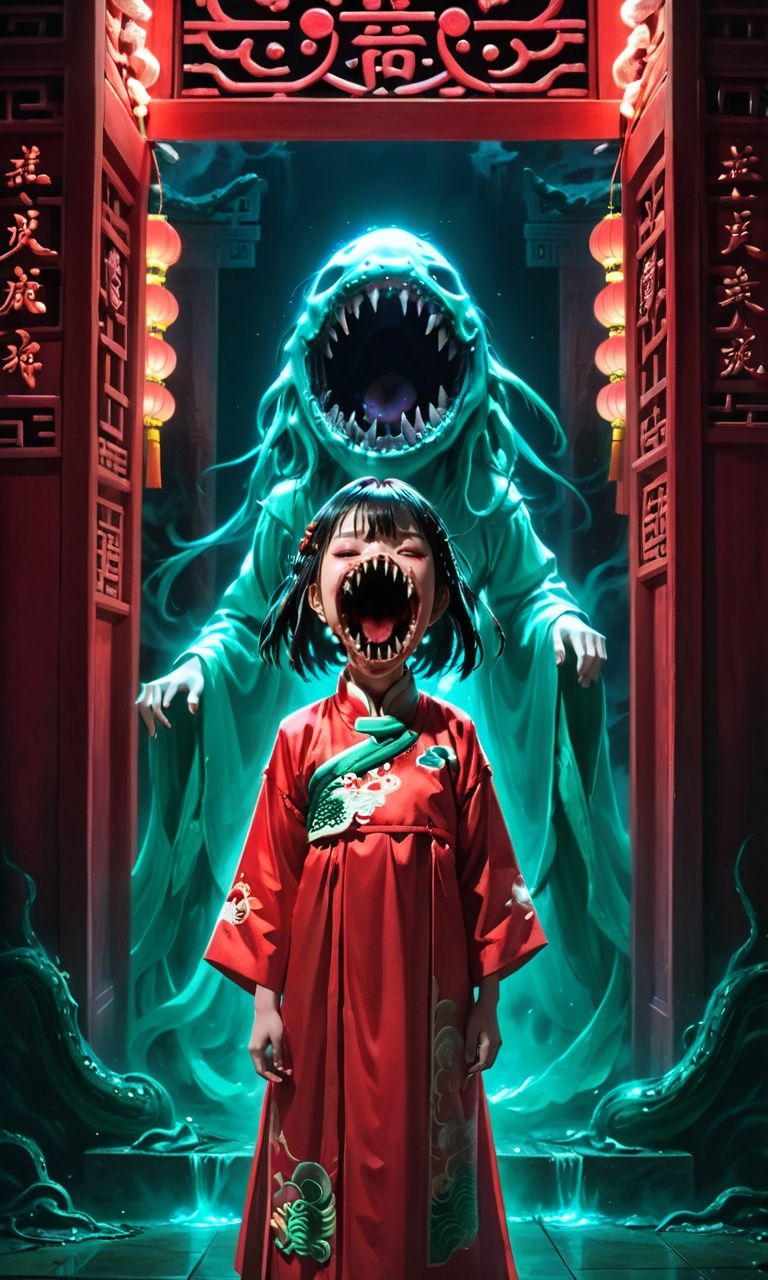 anime artwork 1girl,abyss girl,open mouth,((Mystical Portrait)), ((Asian Horror)), ((Traditional Chinese Attire)), (Full Body), (Eldritch Abyssal Maw:1.3), a young girl in traditional Chinese attire with a nightmarishly elongated mouth, standing at the entrance of a forbidden temple bathed in eerie red light, (Sinister Shadows:1.2), (Glowing Runes), (Ancient Secrets), (Mysterious Fog), (Crimson Hues), (Ghostly Whispers:1.4), A chilling and mystical atmosphere as the girl guards the temple's dark secrets with an otherworldly presence,<lora:abyss_girl:0.8>, . anime style, key visual, vibrant, studio anime,  highly detailed