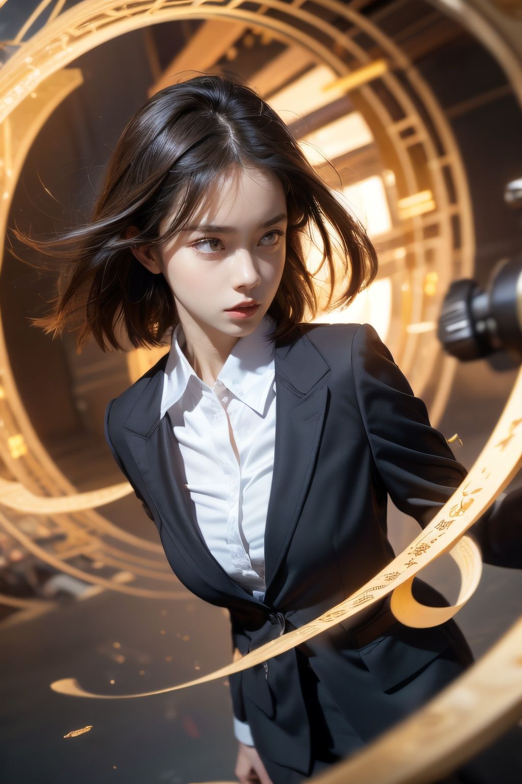 (low angle, super wide angle) , a girl in a uniform standing in the air, wearing a suit, suit, surrounded by golden runes, black hair, short hair, messy hair, (facial focus) , delicate eyebrows, beautiful features, (upper body close-up photo: 1.2) , sparkling runes, (rotating scroll: 1.2) , (floating transparent characters) , dynamic motion, Best Picture Quality, 3D rendering, top view, ultra wide angle, fish eye, lens focus, ultra-realistic and detailed, high-detail textures, ultra-high quality, 16k, channel runes, flow reels