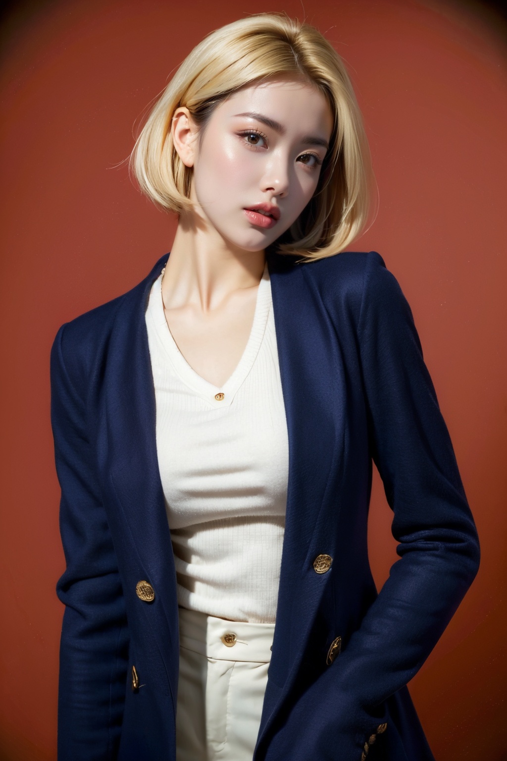 Girl, red wool coat, pretty face, short hair, blonde hair, (photo reality: 1.3) , Edge lighting, (high detail skin: 1.2) , 8K Ultra HD, high quality, high resolution, best ratio of four fingers and one thumb, (photo reality: 1.3) , wearing a red coat, white shirt inside, large breasts, solid color background, solid red background, advanced feeling, texture pull full, 1 girl, xiqing, hszt, xiaxue, dongji