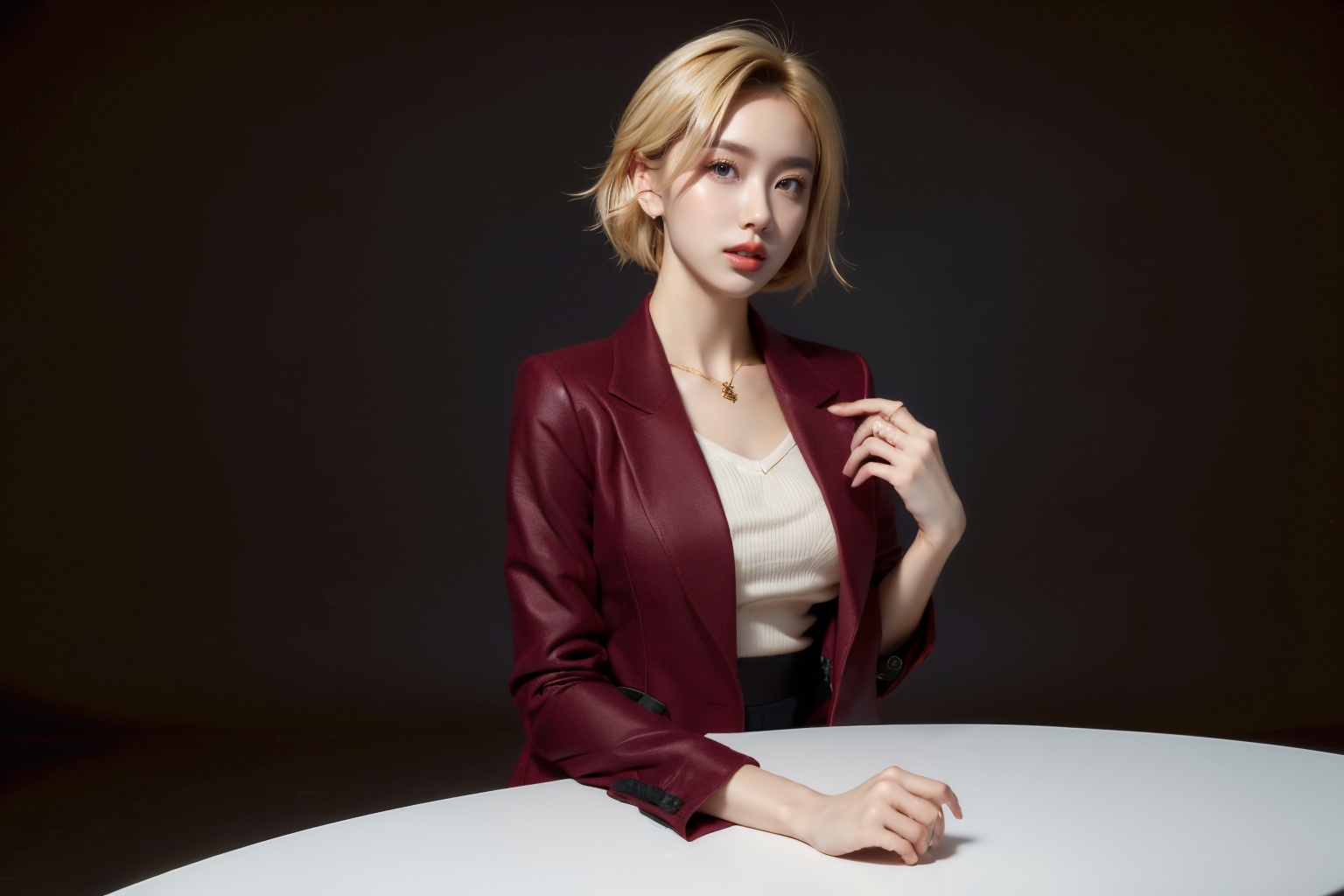 Girl, red wool coat, pretty face, short hair, blonde hair, (photo reality: 1.3) , Edge lighting, (high detail skin: 1.2) , 8K Ultra HD, high quality, high resolution, best ratio of four fingers and one thumb, (photo reality: 1.3) , wearing a red coat, white shirt inside, large breasts, solid color background, solid red background, advanced feeling, texture pull full, 1 girl, xiqing, hszt, xiaxue, dongji