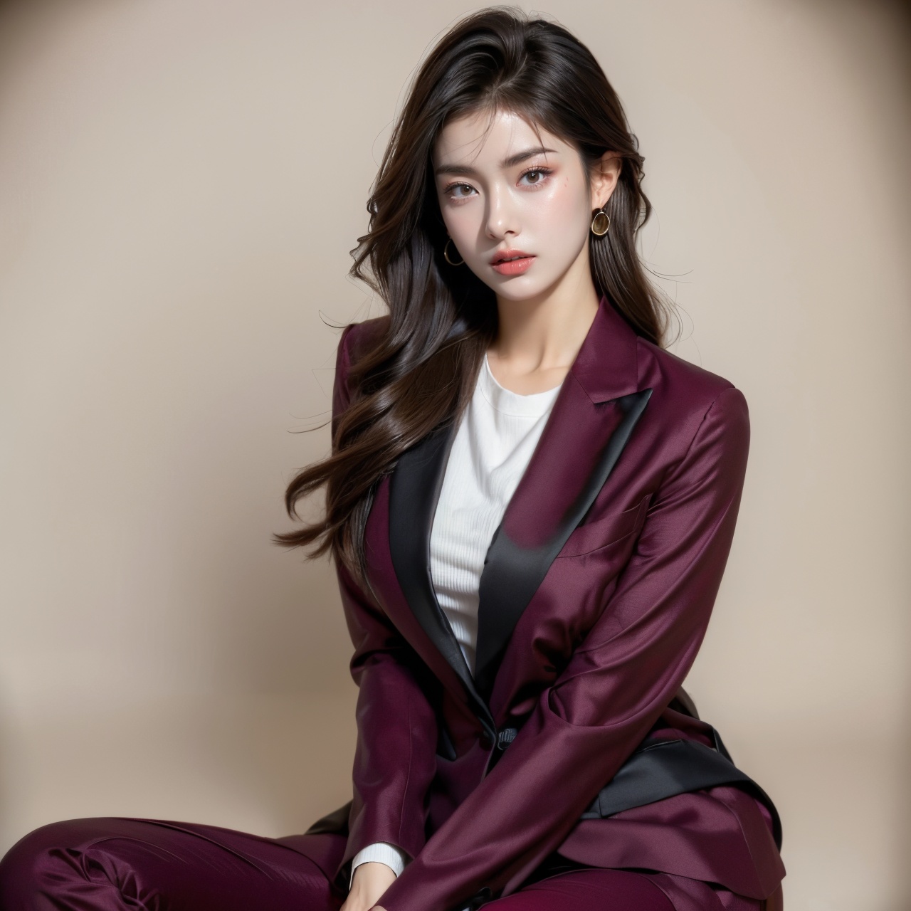  Girl, suit, pretty face, (photo reality: 1.3) , Edge lighting, (high detail skin: 1.2) , 8K Ultra HD, high quality, high resolution, best ratio four fingers and one thumb, (photo reality: 1.3) , wear a red suit jacket, white shirt inside, large breasts, solid color background, solid red background, high-grade feeling, texture pull full, 1 girl