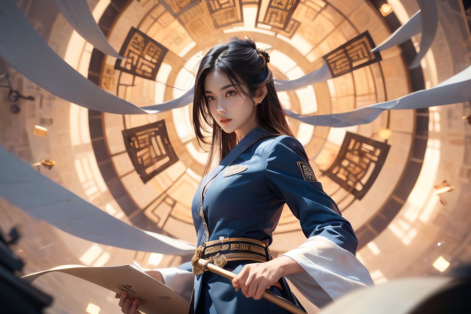 (Low angle shooting, ultra wide angle shooting), a girl in uniform stands in the air, in a suit set, surrounded by golden runes, black hair, long hair, messy hair, (facial focus), exquisite eyebrows, beautiful facial features, (upper body close-up photo: 1.2), sparkling runes, blue Hanfu, (surrounded by rotating long scroll: 1.2), (floating transparent Chinese characters), dynamic movements, Best picture quality, 3D rendering, up view, ultra wide angle, fisheye, lens focus, ultra realistic and detailed, high detail texture, ultra high quality, 16k