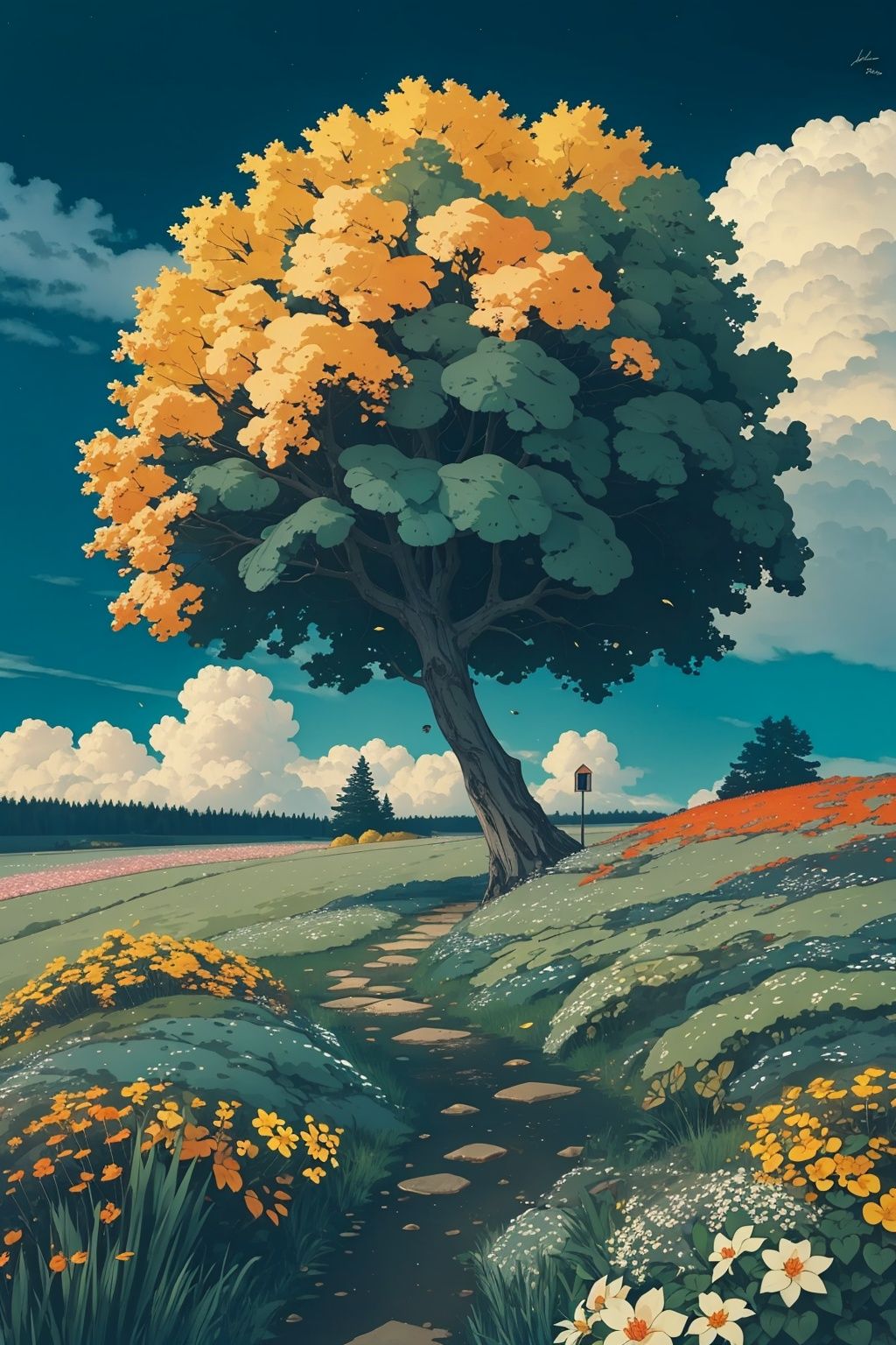 tree, cloud, plant, leaf, flower, signature, artist name, nature