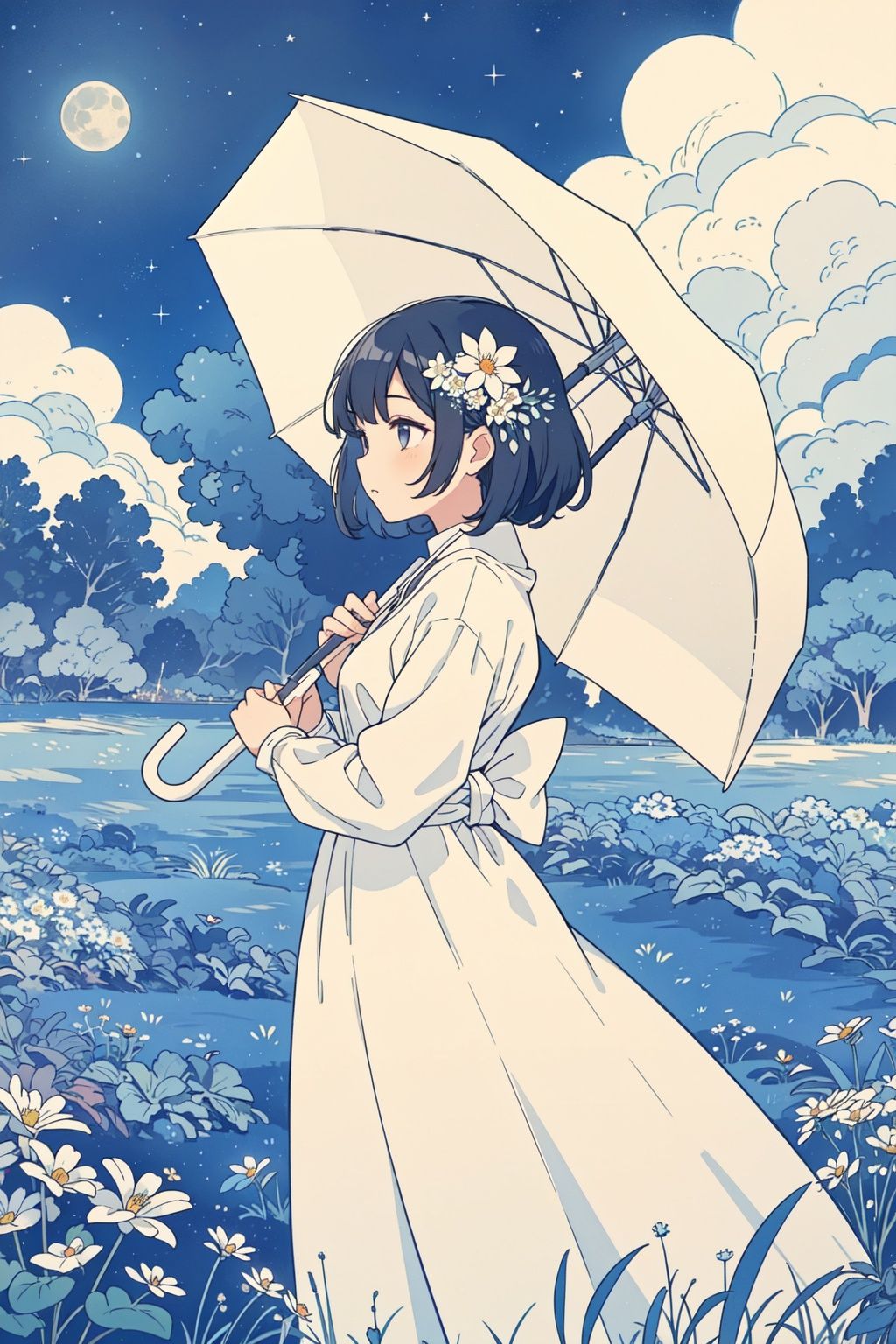 flower, star \(sky\), cloud, umbrella, starry sky, sky, white flower, 1girl, flower field, night, night sky, black hair, dress, holding umbrella, solo, cloudy sky, moon, field