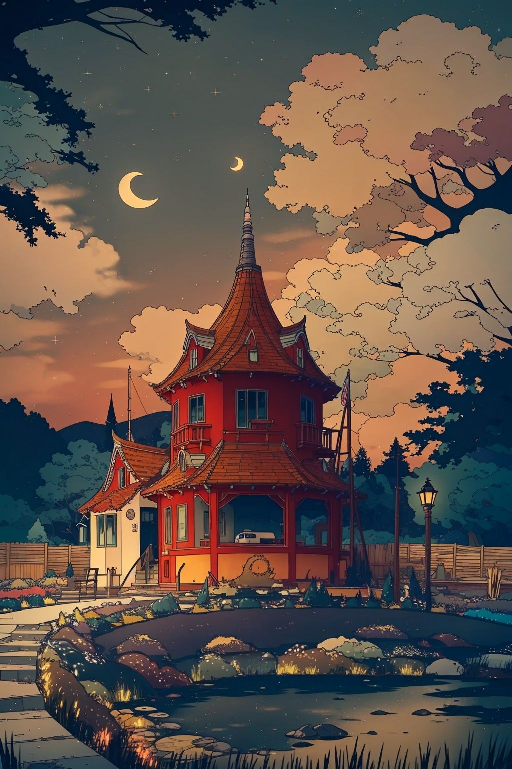 crescent moon, moon, night, night sky, shooting star, sky, star \(sky\), starry sky, city, building, skyscraper, milky way, tree, cloud, star \(symbol\), cityscape, house, no humans, sunset, purple sky, constellation, skyline, gradient sky, twilight, space, fireworks, outdoors, red sky, galaxy, scenery, fence, city lights, east asian architecture, starry sky print, tanabata, rooftop, architecture, tower