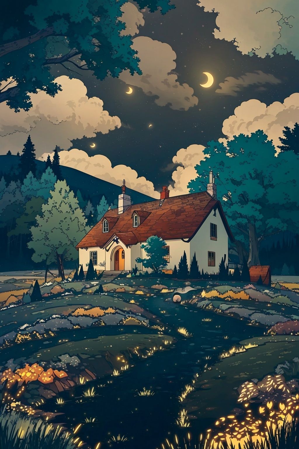 moon, night, sky, star \(sky\), starry sky, tree, cloud, full moon, night sky, shooting star, crescent moon, bush, forest, nature, scenery, no humans, cloudy sky, outdoors, moonlight, planet, building, milky way, house, mountain, city lights, city, mountainous horizon
