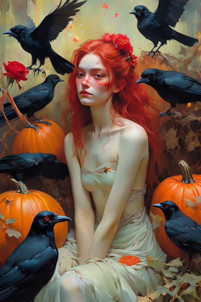(art by apterus, peter polach), skeletal, 1girl, day of the dead, hairy *****, dia de los muertos, day of the dead festival, dried horror pumpkin mask, tattered rags, fog and mist, flat chest, small breast, surrounded by rotten pumpkins, masterpiece, official art, unity 8k wallpaper, ultra detailed, beautiful and aesthetic, best quality, intricate details, official art, unity 8k wallpaper, ultra detailed, beautiful and aesthetic, beautiful, masterpiece, best quality, portrait of the most beautiful form of chaos, elegant, a brutalist designed, vivid colours, romanticism, by james jean, roby dwi antono, ross tran, francis bacon, michal mraz, adrian ghenie, petra cortright, gerhard richter, takato yamamoto, ashley wood, atmospheric, a girl with (black crows:1), (black birds:1.2), and red roses, (symmetry), (limited color palette), extremely lush and colorful hair, (full body:1.3)
