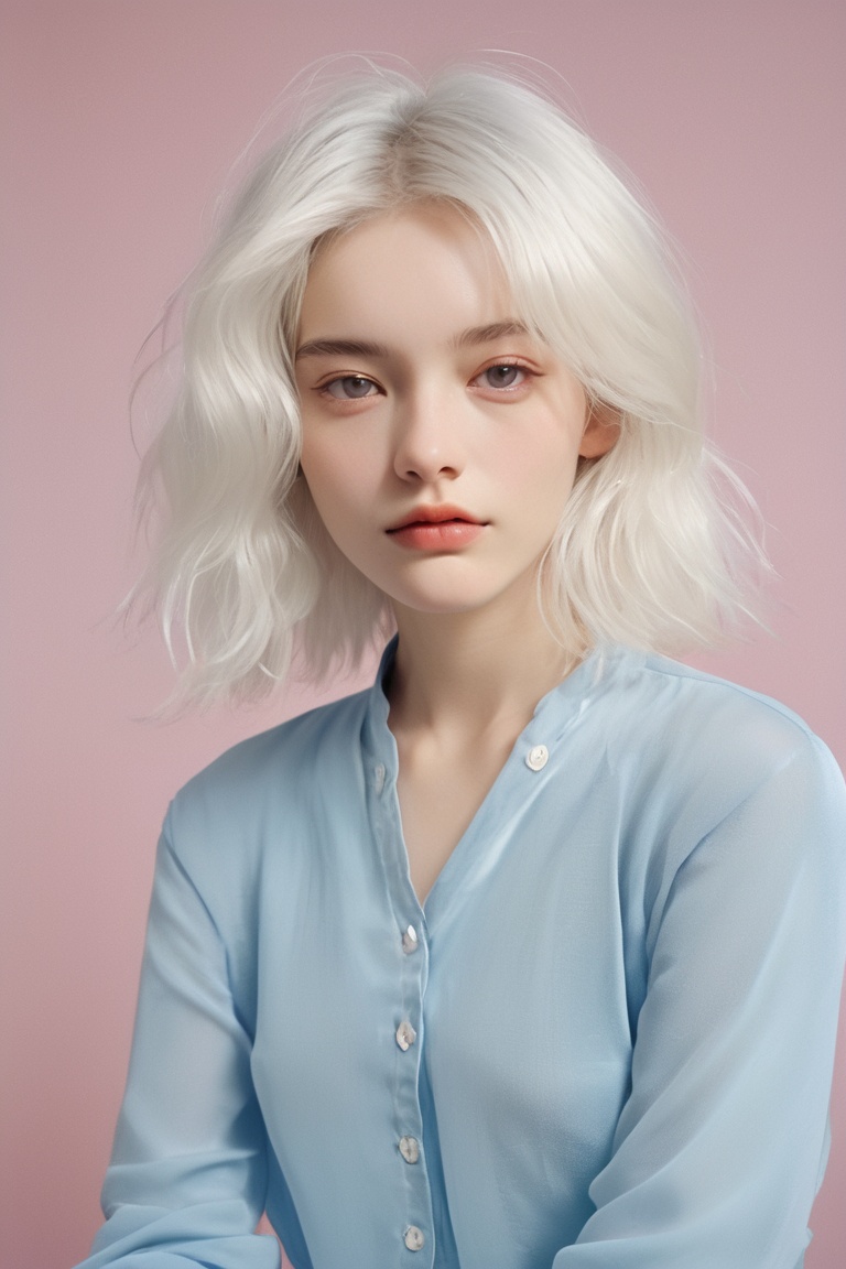 photorealistic of a girl,  white hair,  blue background by MONK.REN on Tensor.Art