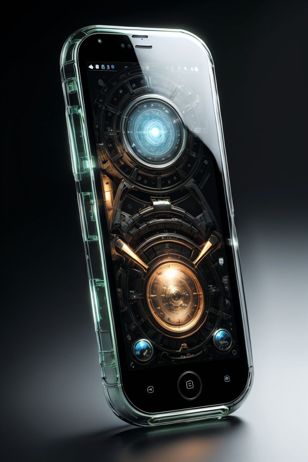 mobile phone, no humans, black background, magic circle, Mobile phone design, Sense of the future, Holographic information, Alien science and technology, Fully transparent, Collapse the screen, No keys, Retractable screen