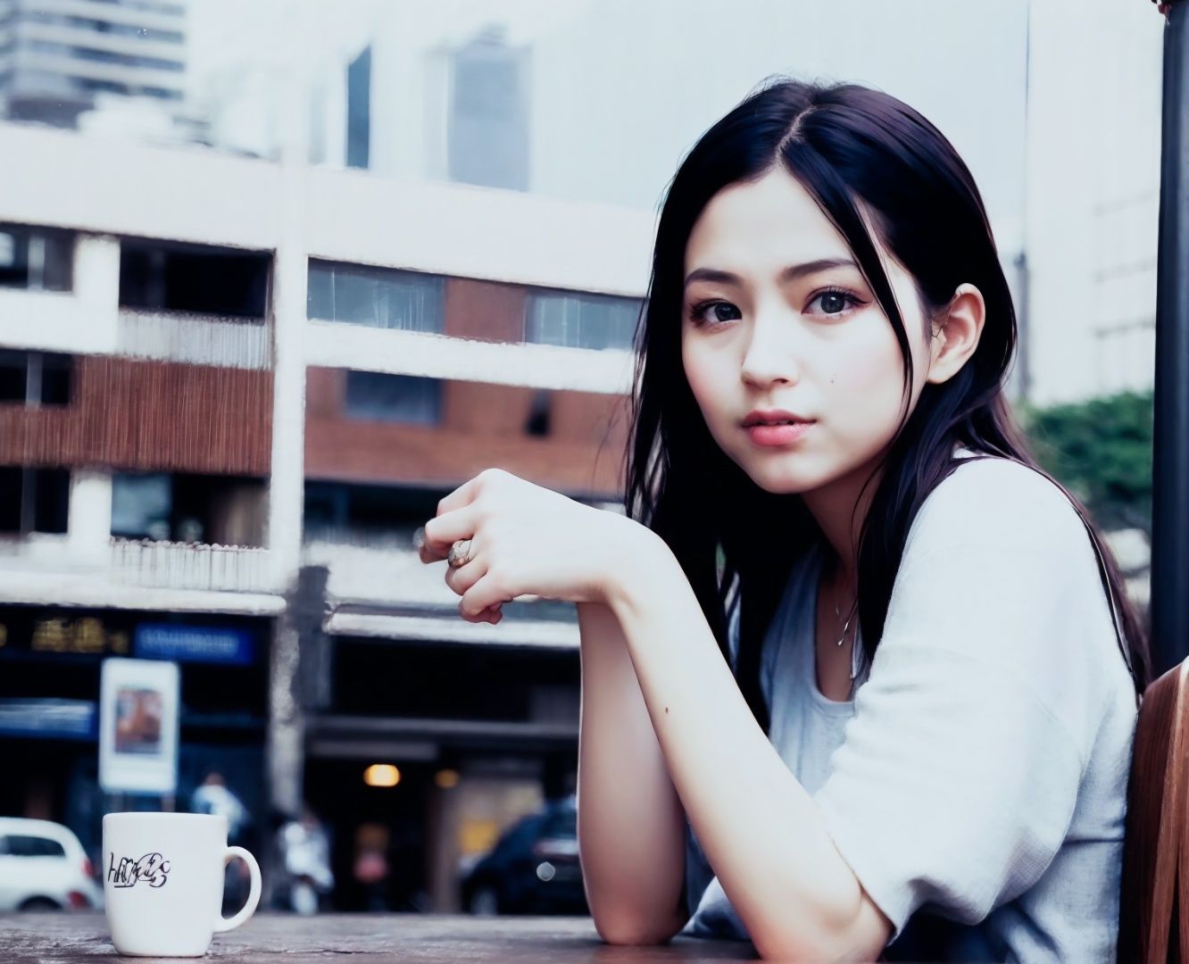 lanfenwei, still-life photography, Cafe , book, Cafe Street,build,  city background,tokyo,sit, film grain, best quality, masterpiece, ((realistic)),Character photography，