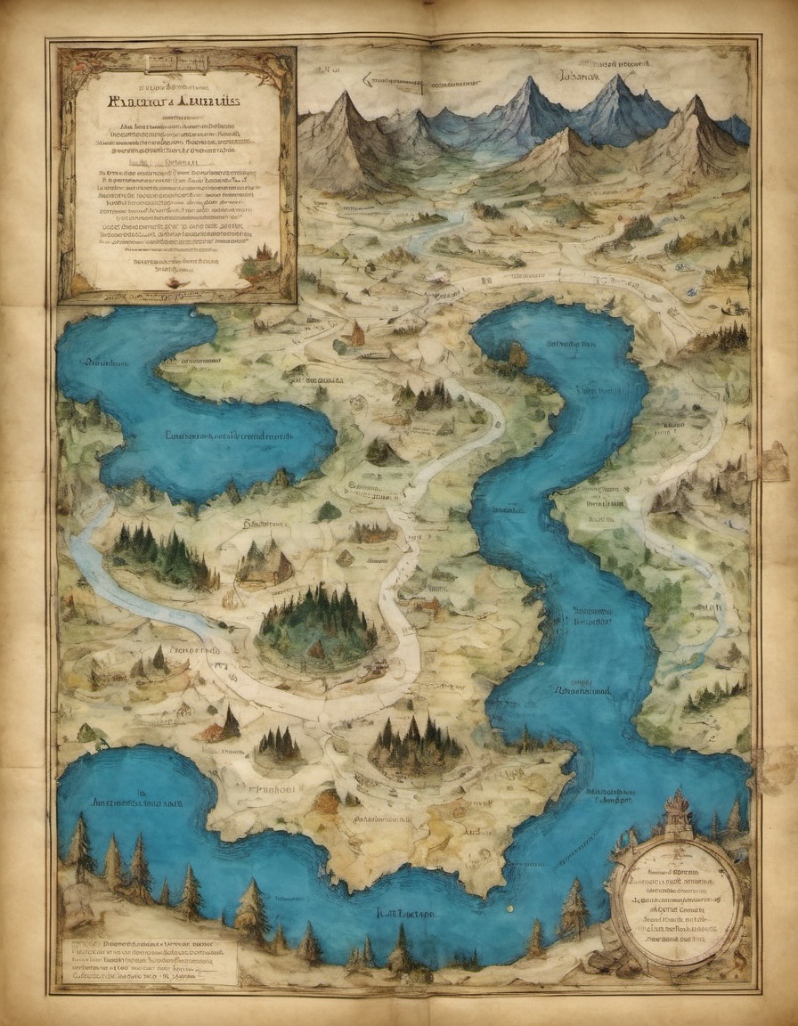 on parchment top-down view map with elaborate annotated roads and rivers pictographic depictions of forests and mountains...