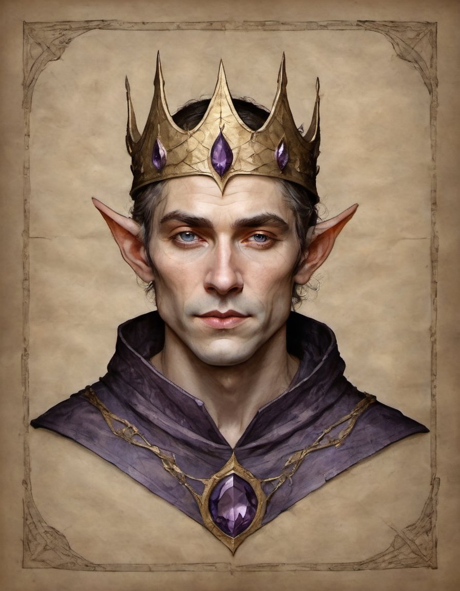 portrait on parchment of the elf king of a fantasy kingdom iron crown with inset amethysts and kintsugi repair lines point...